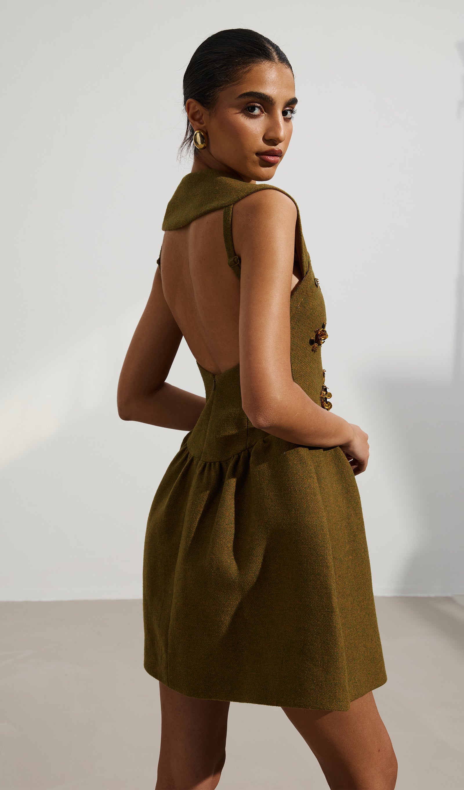 Asymmetrical Neck Embellished Mini Dress