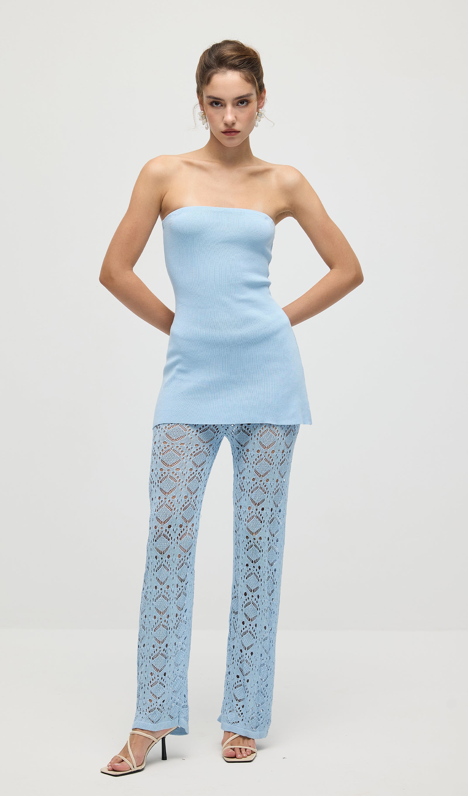 Bandage Knit Top & Crochet Knit Pants In Blue