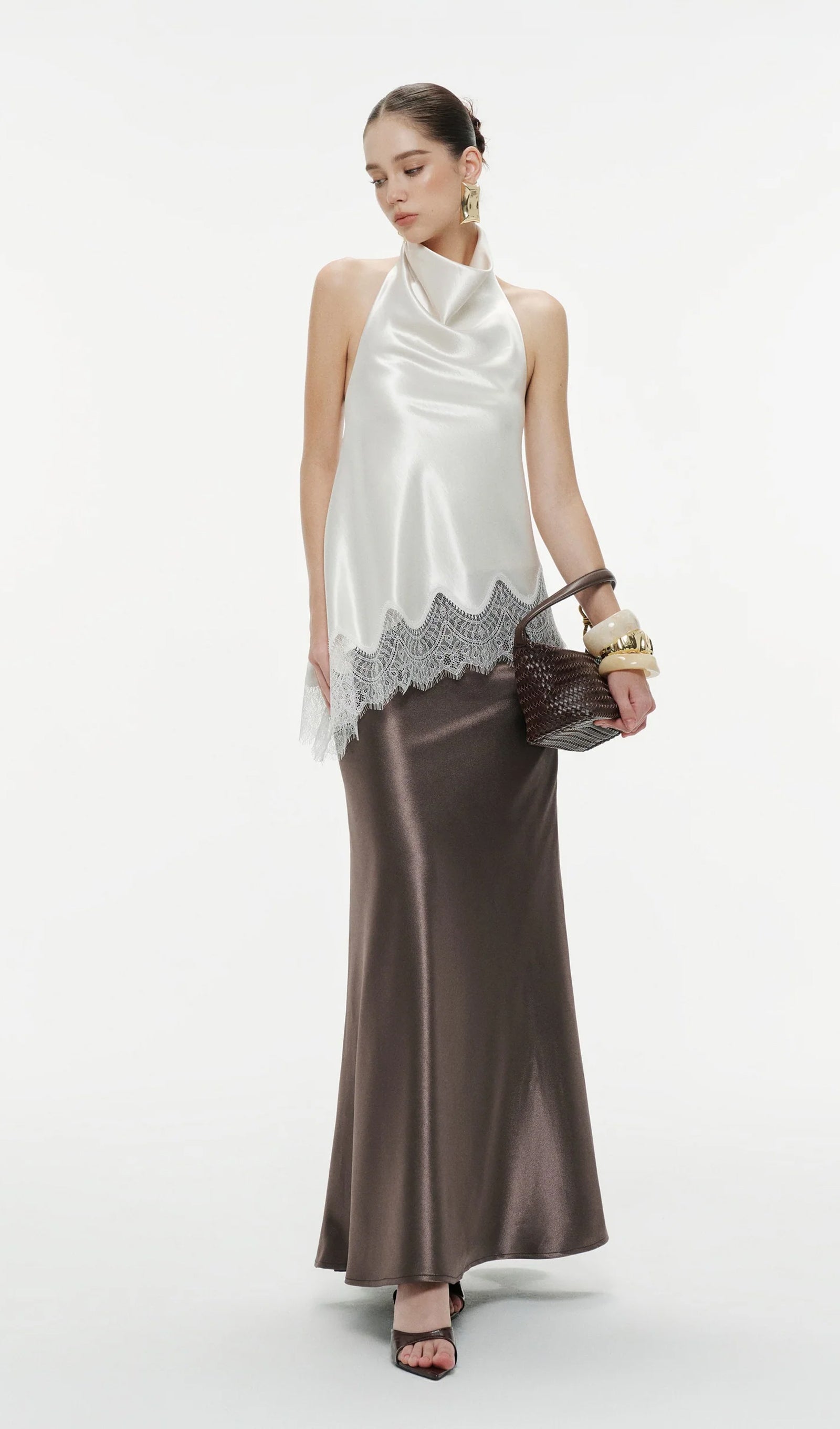 Silk Draped Halter Top In White