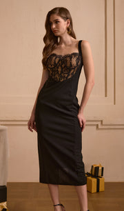 Lace-Trimmed Open Back Midi Dress