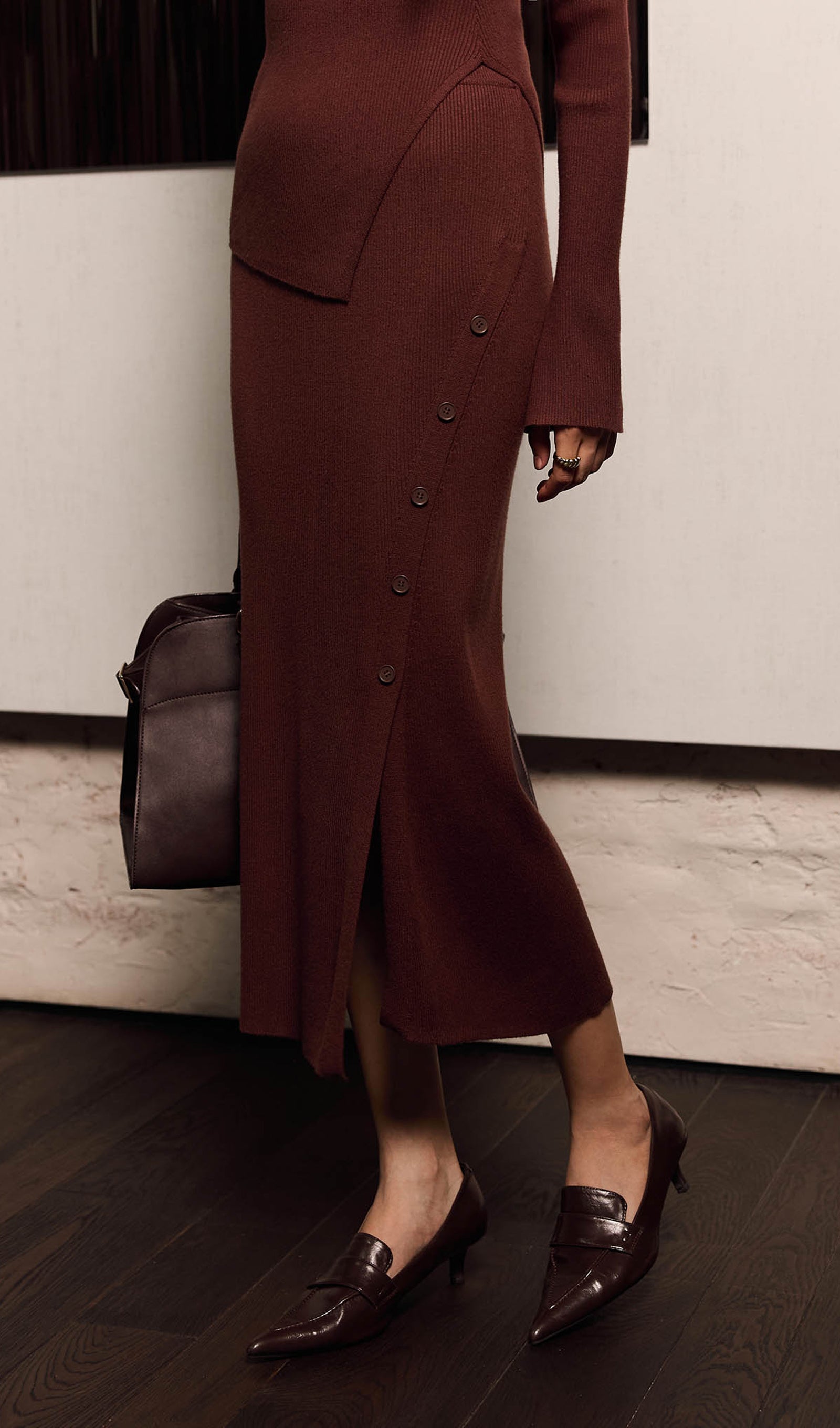 Asymmetrical Top & Maxi Skirt With Side Slit Set Brown