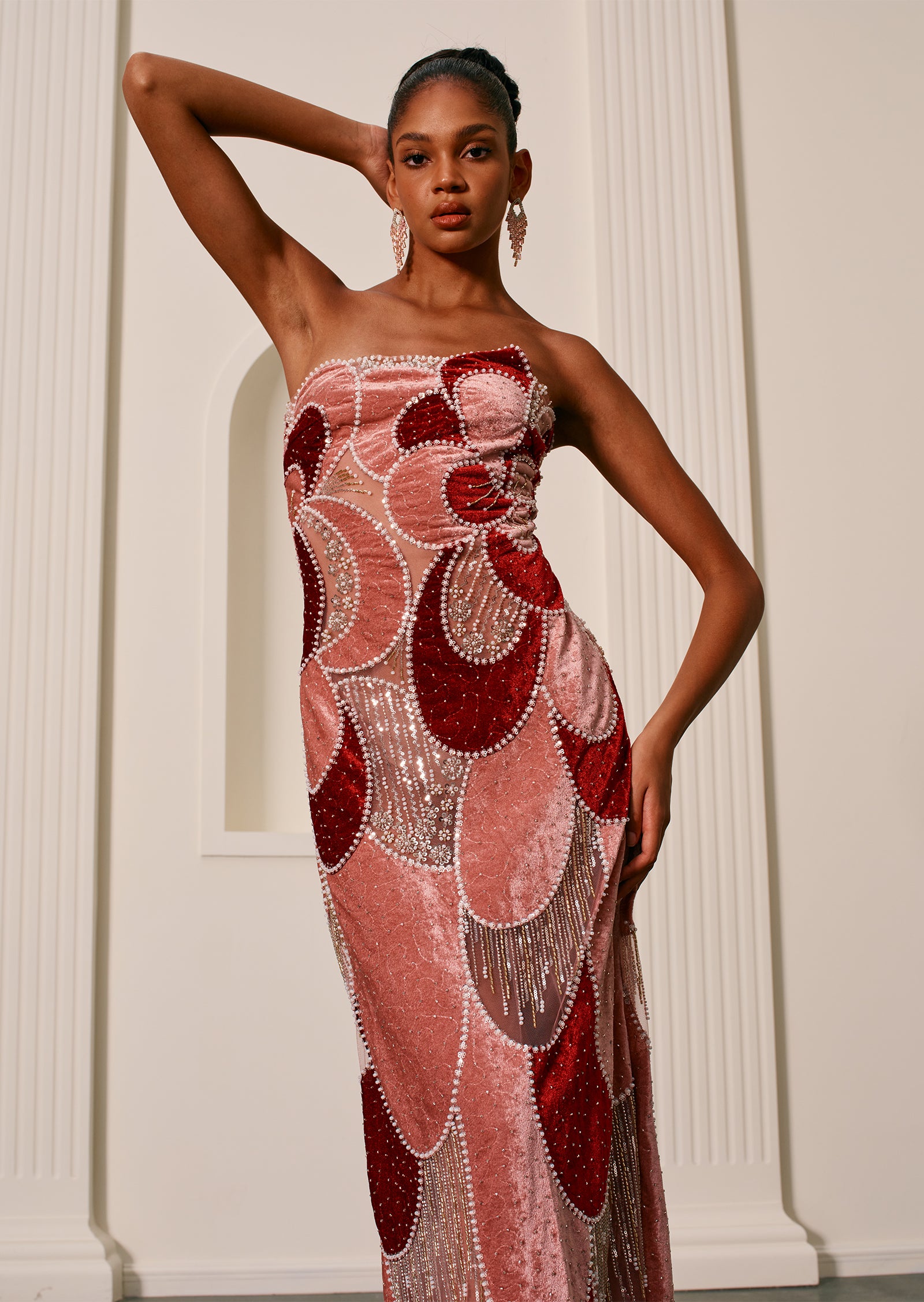 Off Shoulder Embroidered Velvet Gown