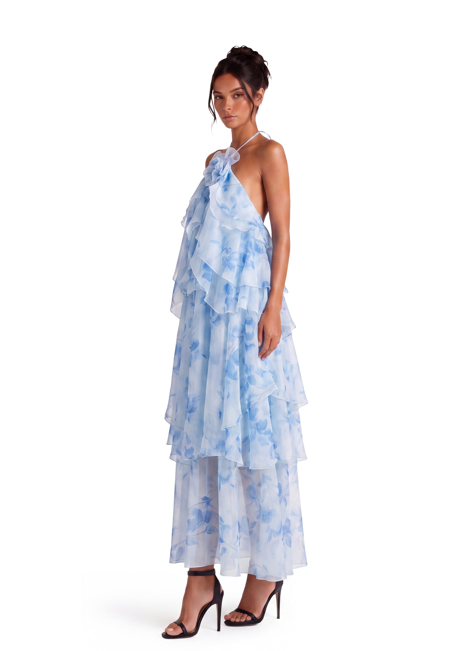 Midikleid in A-Linie mit Blumenmuster und Laternenärmeln