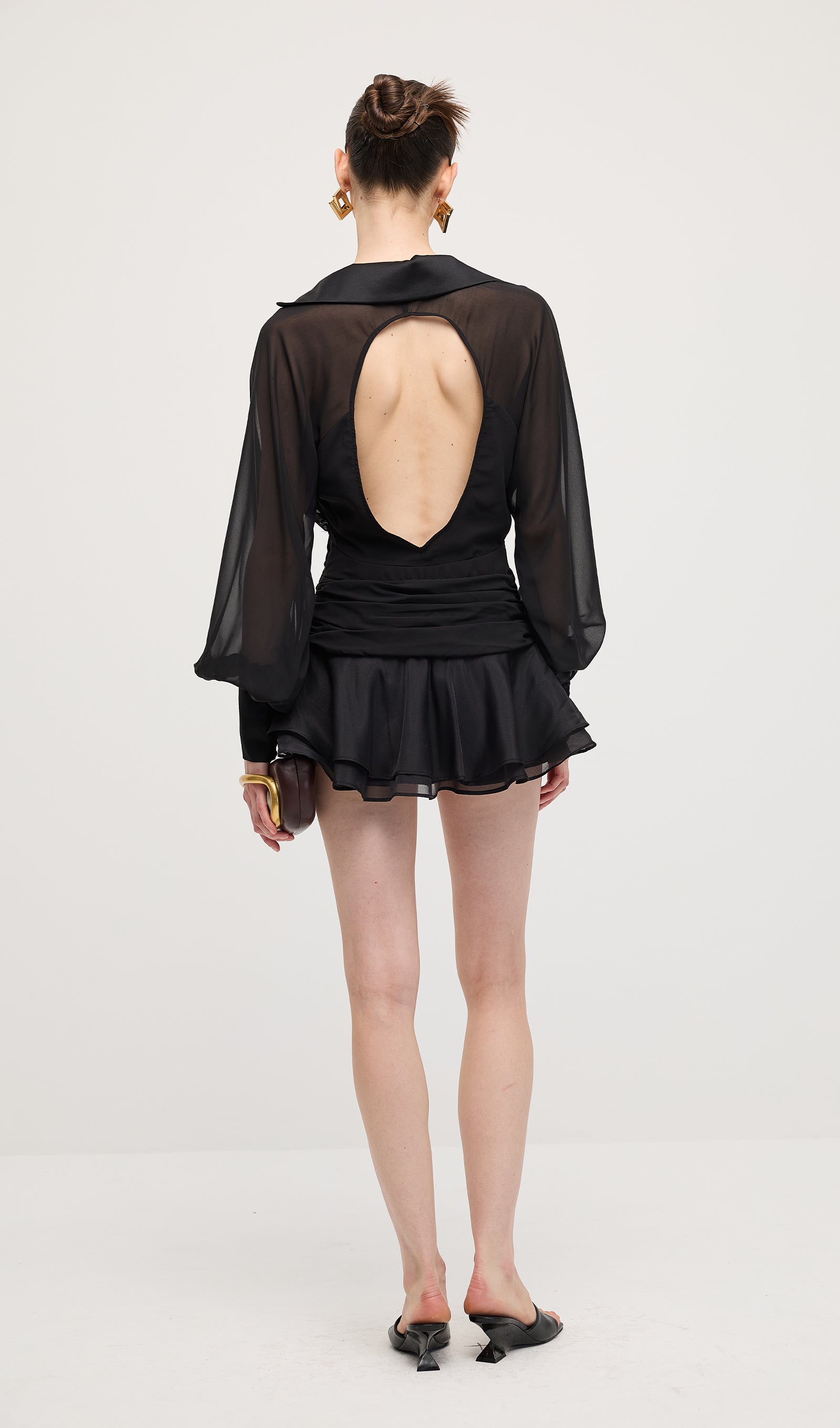 Solid Lantern Sleeve Mini Dress In Black