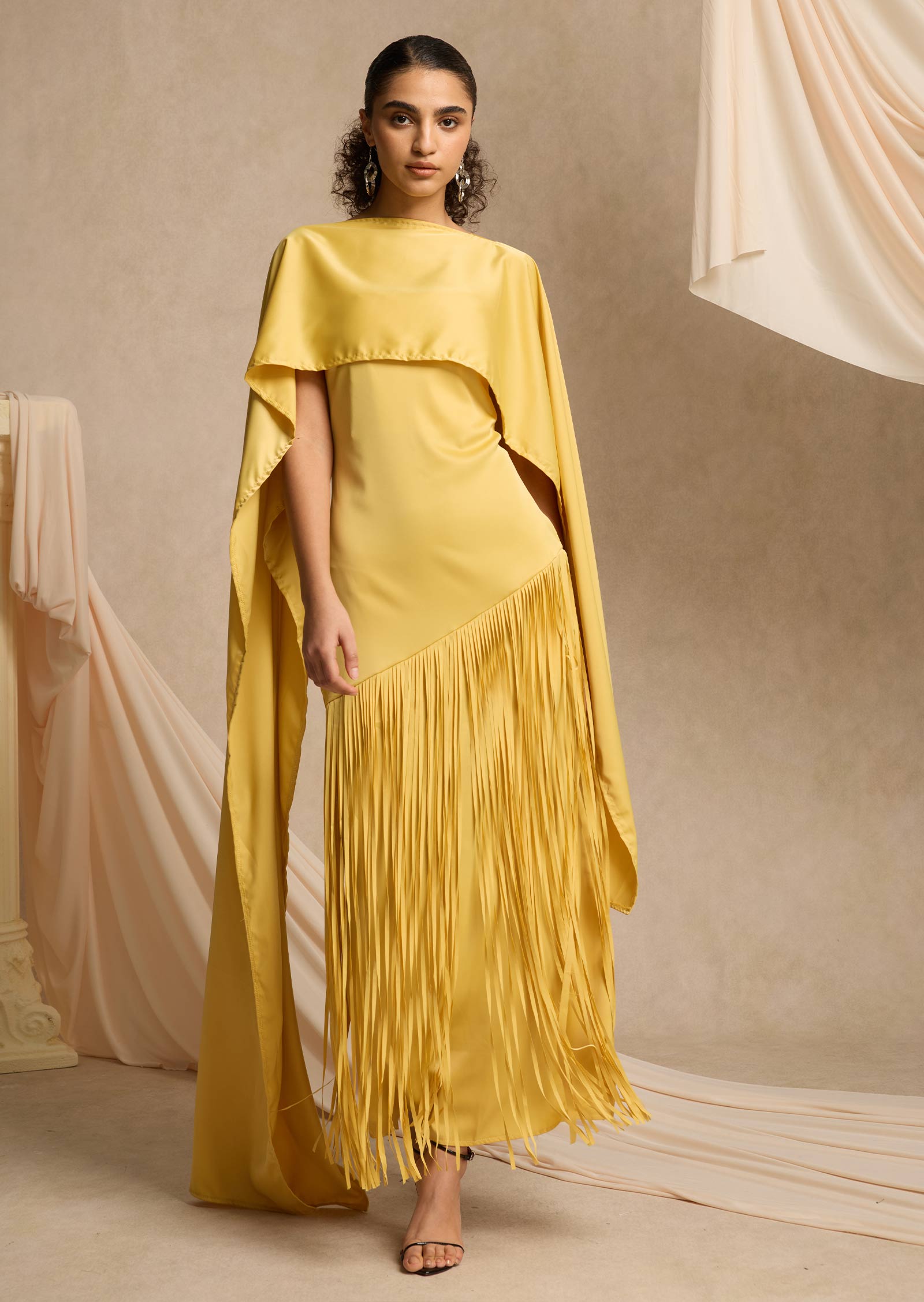 Cape Detailed Fringed Gown