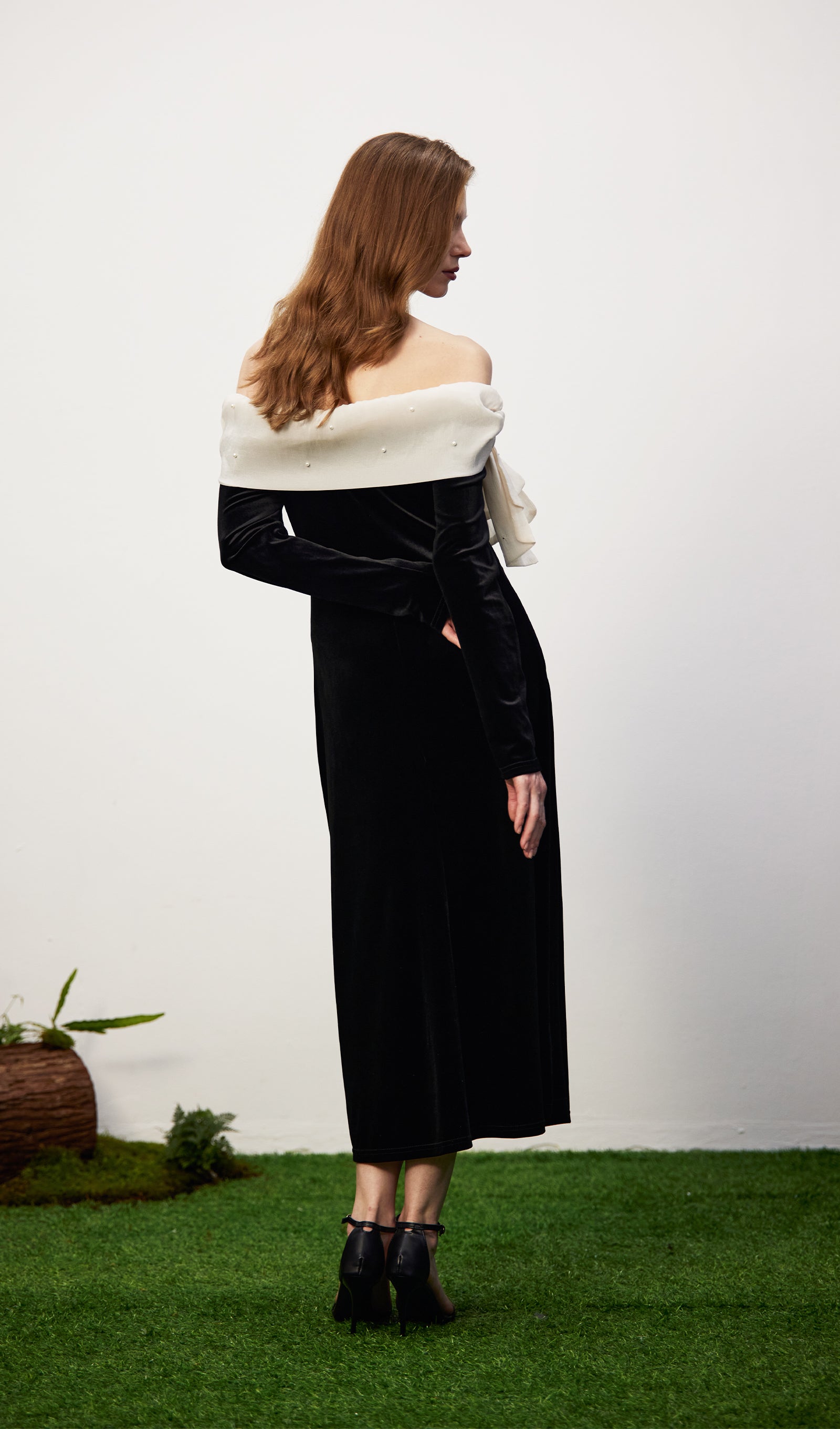 Off Shoulder Pearl Lace Up Maxi Dress
