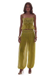 Luenie Chiffon Top & Pant Two Piece Set In Mustard Green