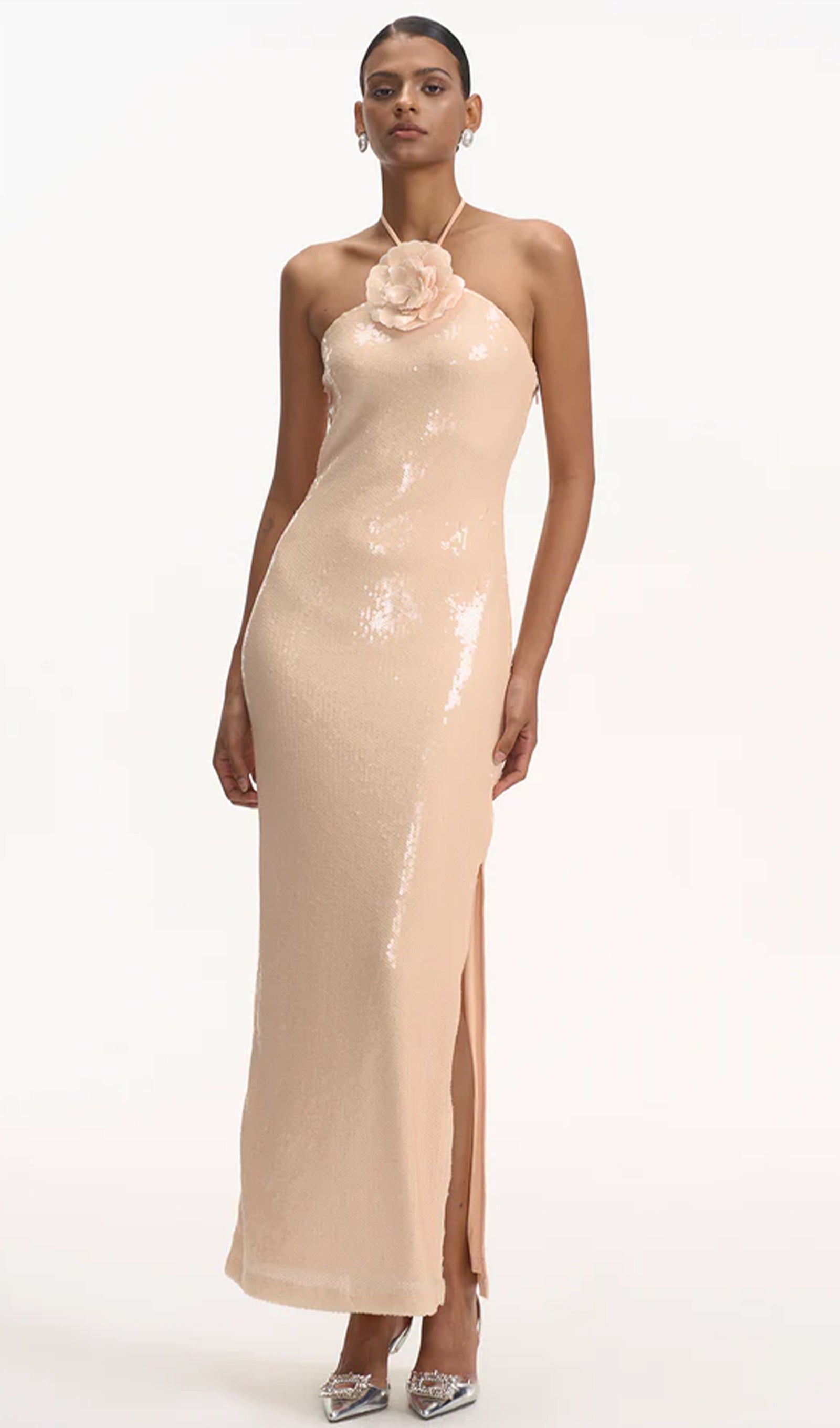 Floral Halter Neck Sequined Maxi Dress