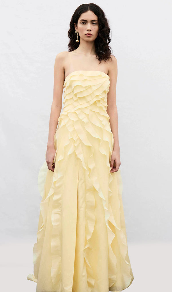 Irregular Ruffled Strapless Maxi Dress In Yellow