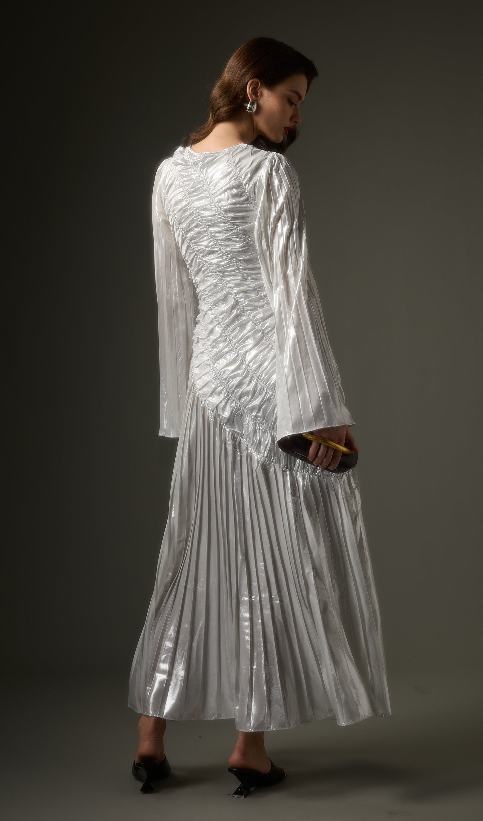 Metallic Long Sleeve Maxi Dress In Silver