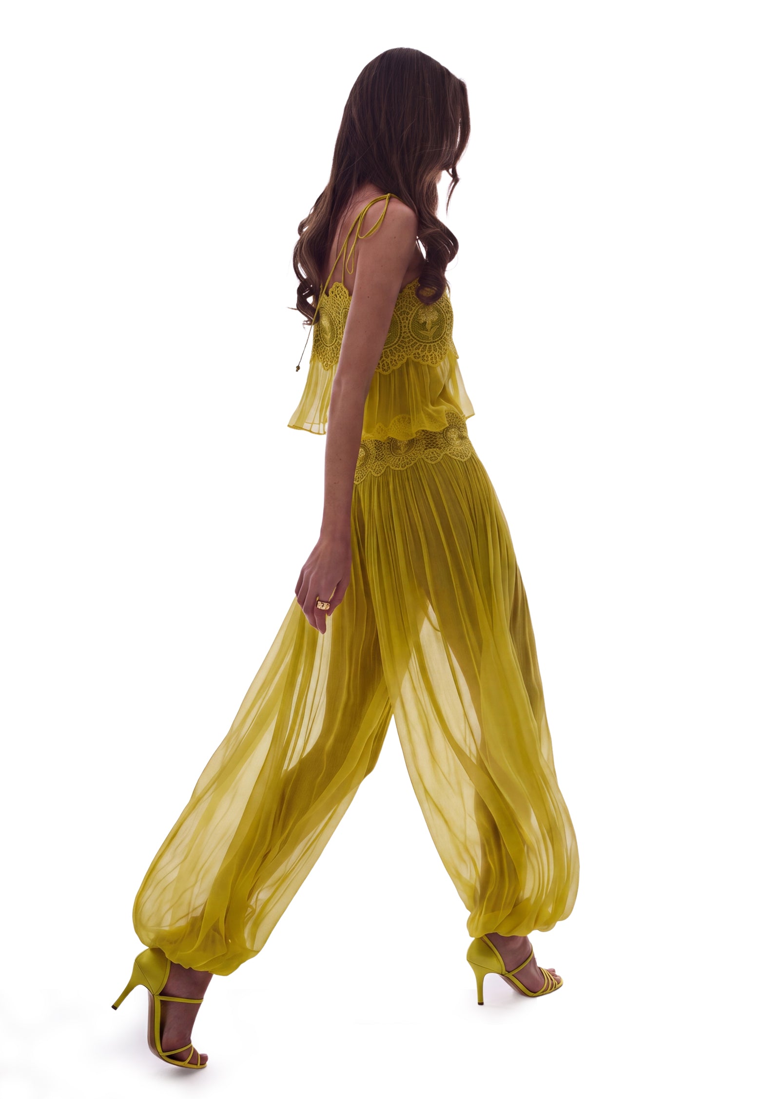 Luenie Chiffon Top & Pant Two Piece Set In Tea Green
