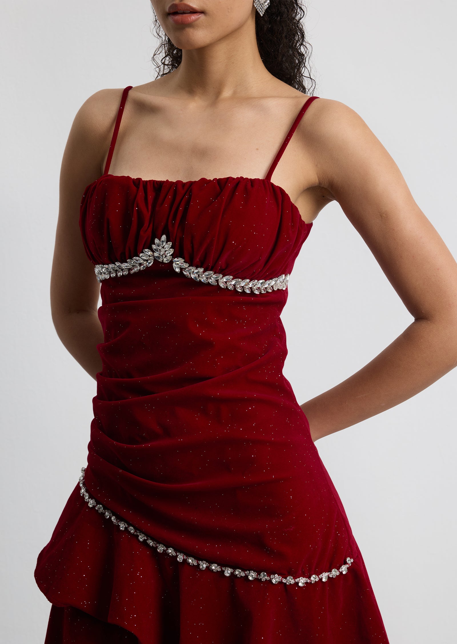 Asymmetrical Ruffled Crystal-Embellished Midi Dress
