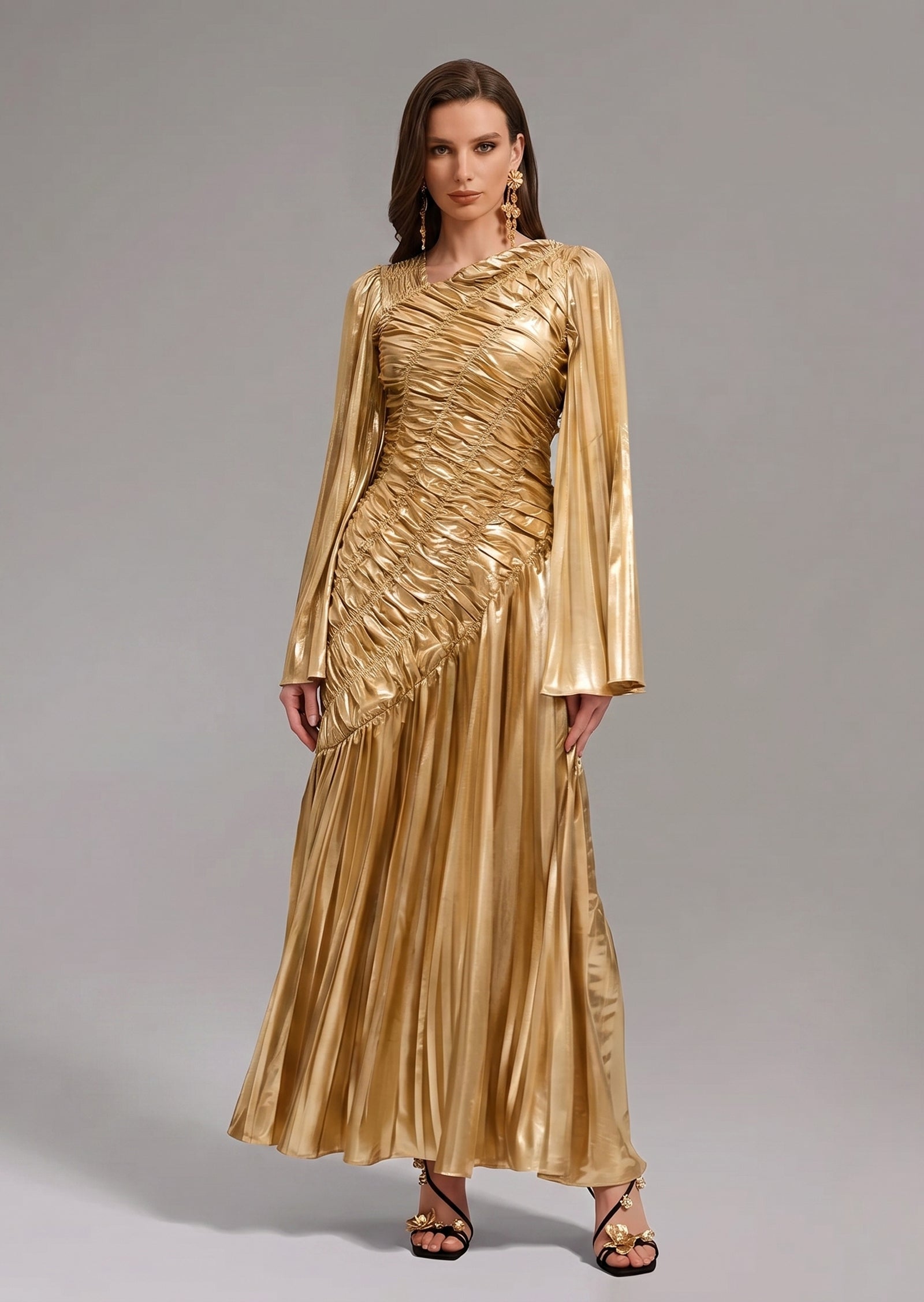 Midikleid in A-Linie mit Blumenmuster und Laternenärmeln
