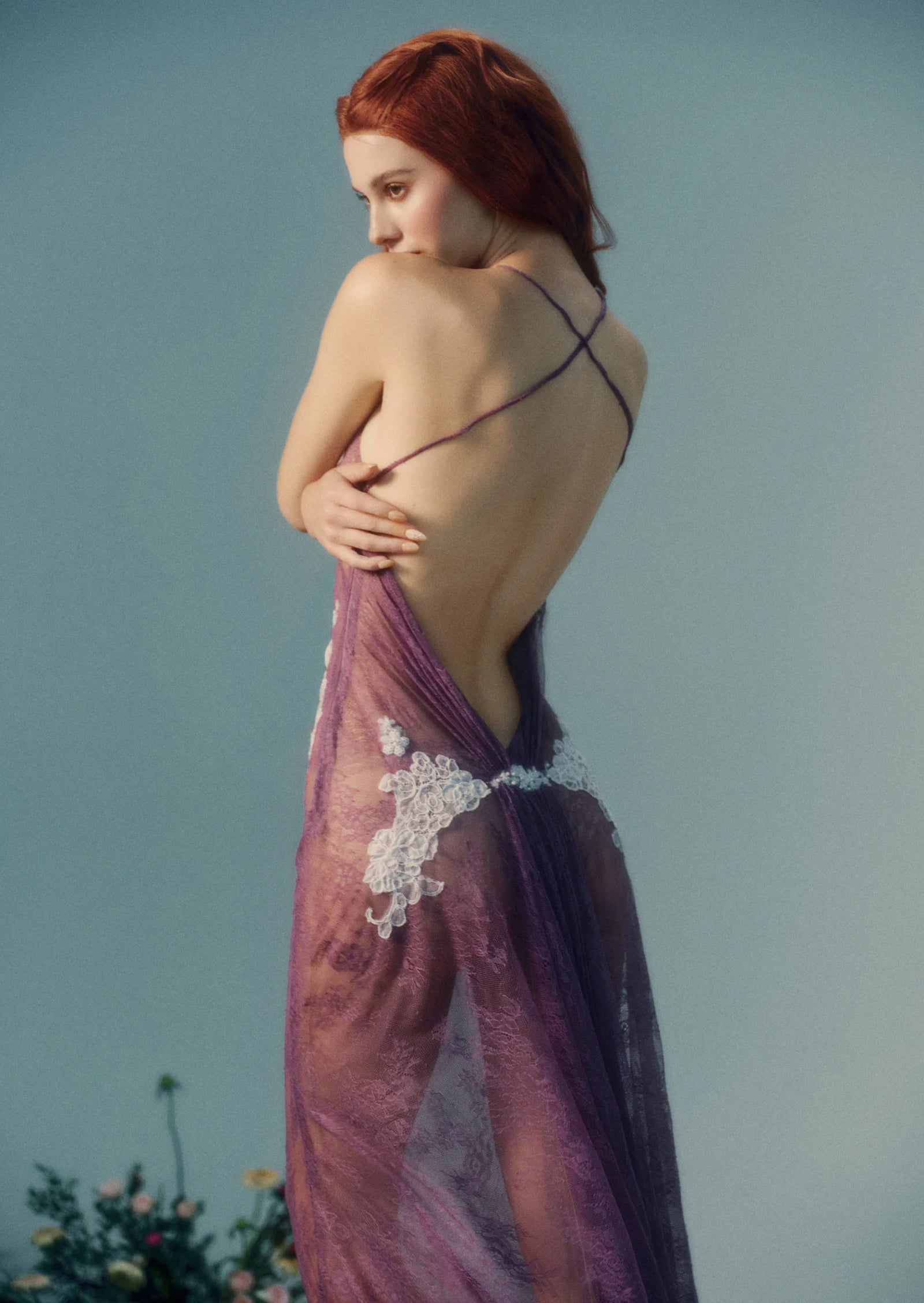 Antheia Sheer Lace Maxi Dress In Light Puple