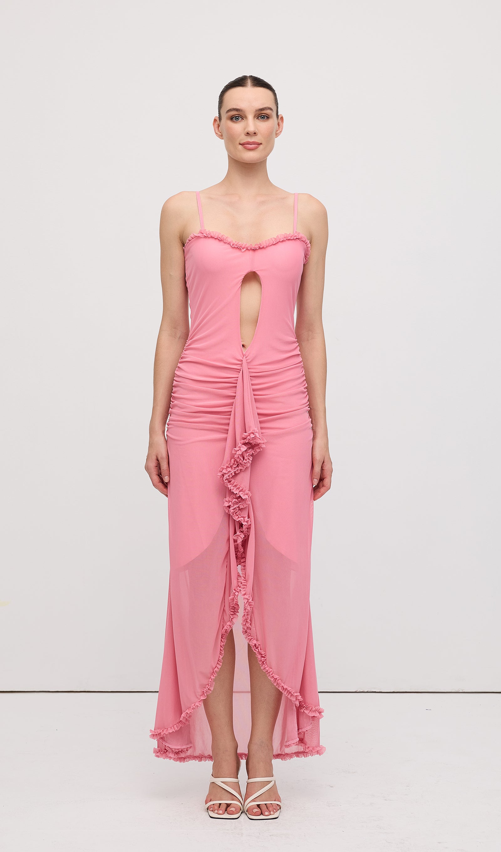 فستان ماكسي بكشكشة أمامية - وردي 