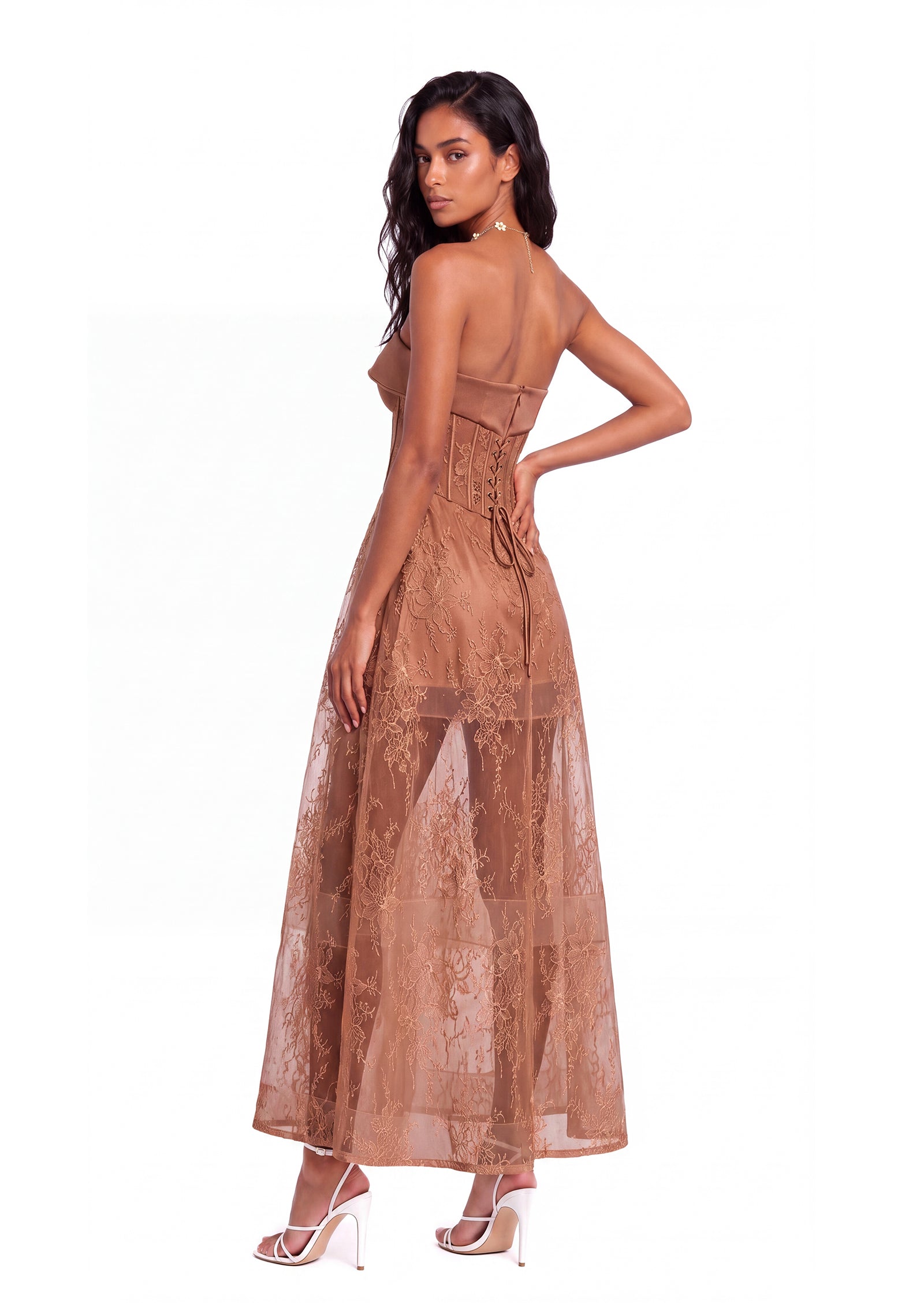 Xhosa V Neck Lace Midi Dress In Coffee