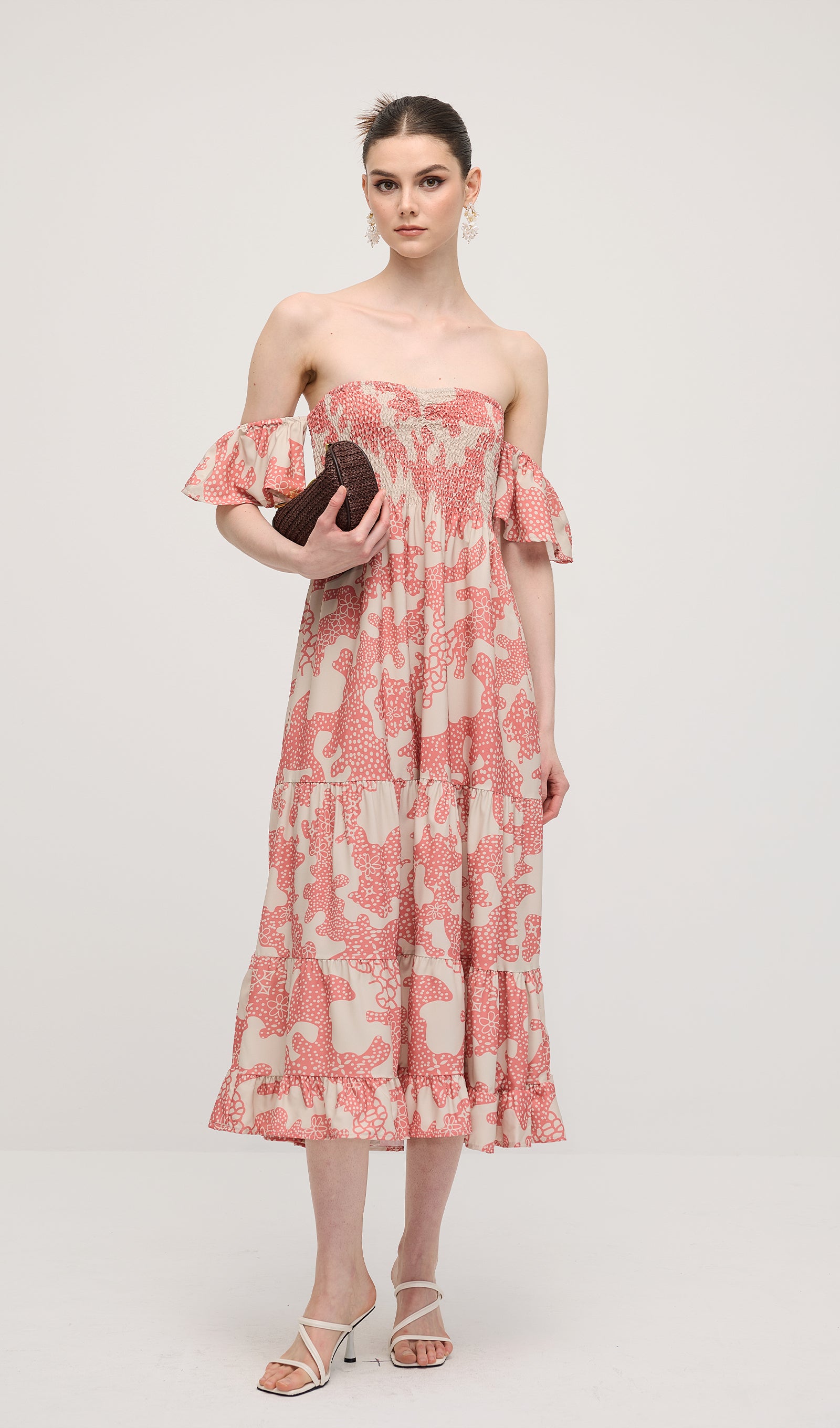 Off Shoulder Smocked Ruffle Printed Midi Dress