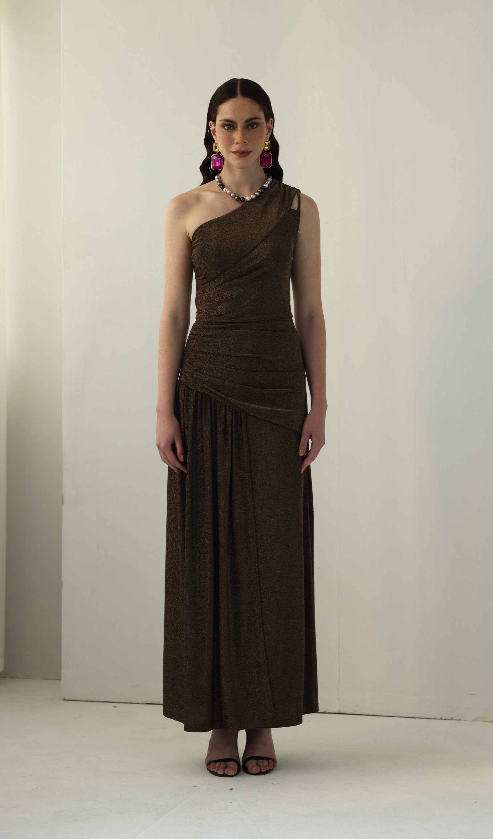 One-Shoulder Glitter Split Maxi Dress