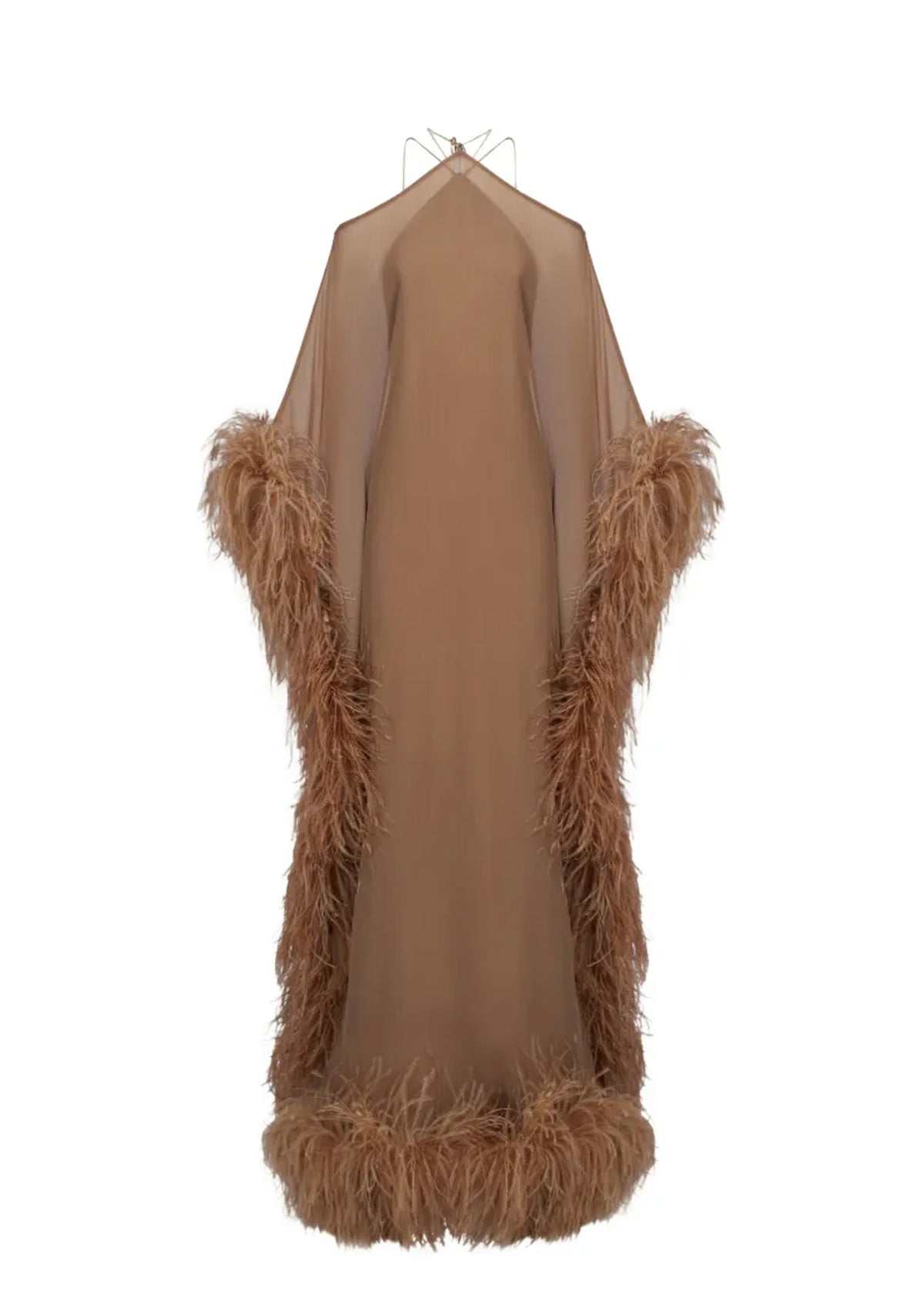 Paget Halter Neck Ostrich Feather Maxi Dress In Camel