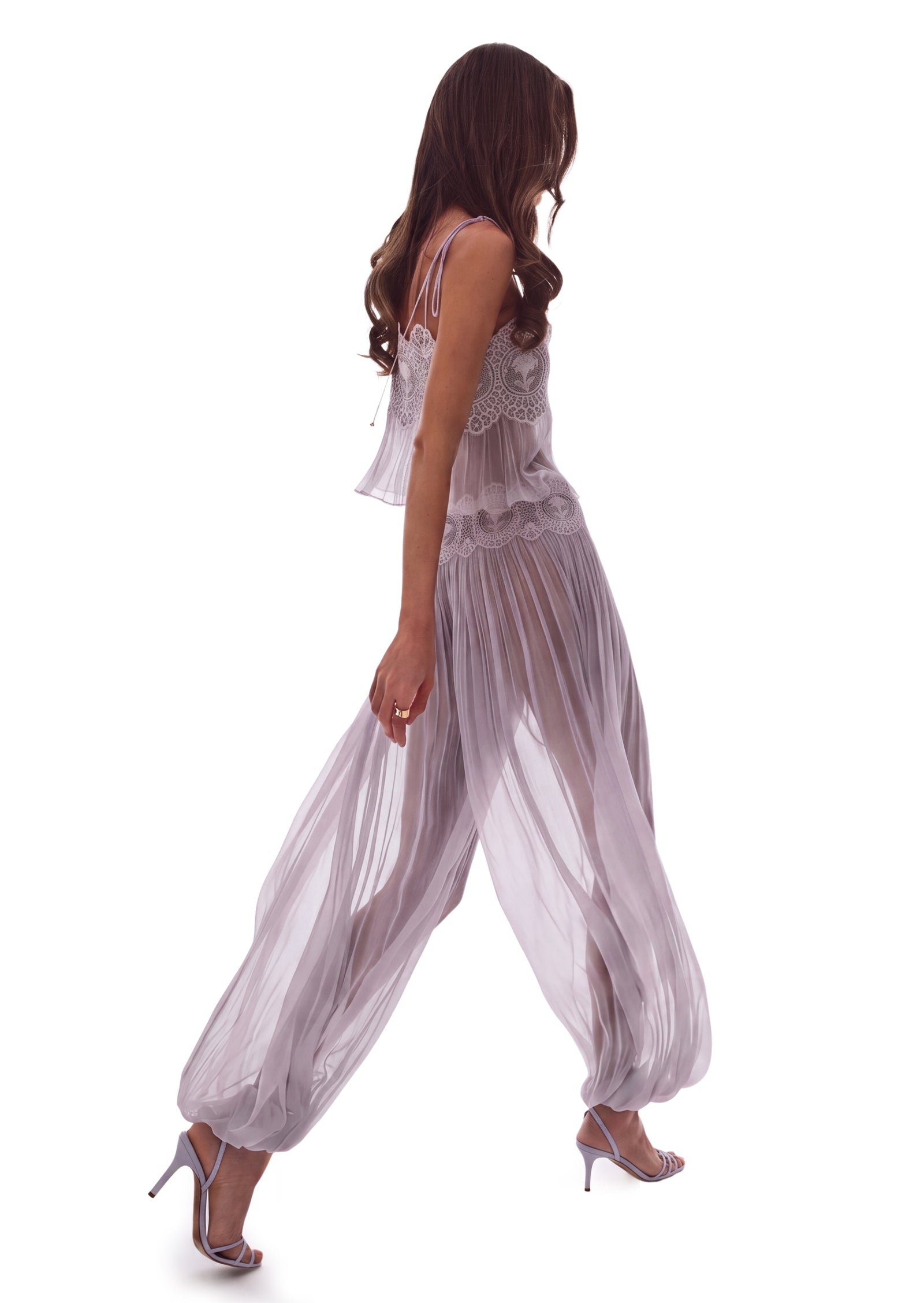 Luenie Chiffon Top & Pant Two Piece Set In Light Grayish Purple