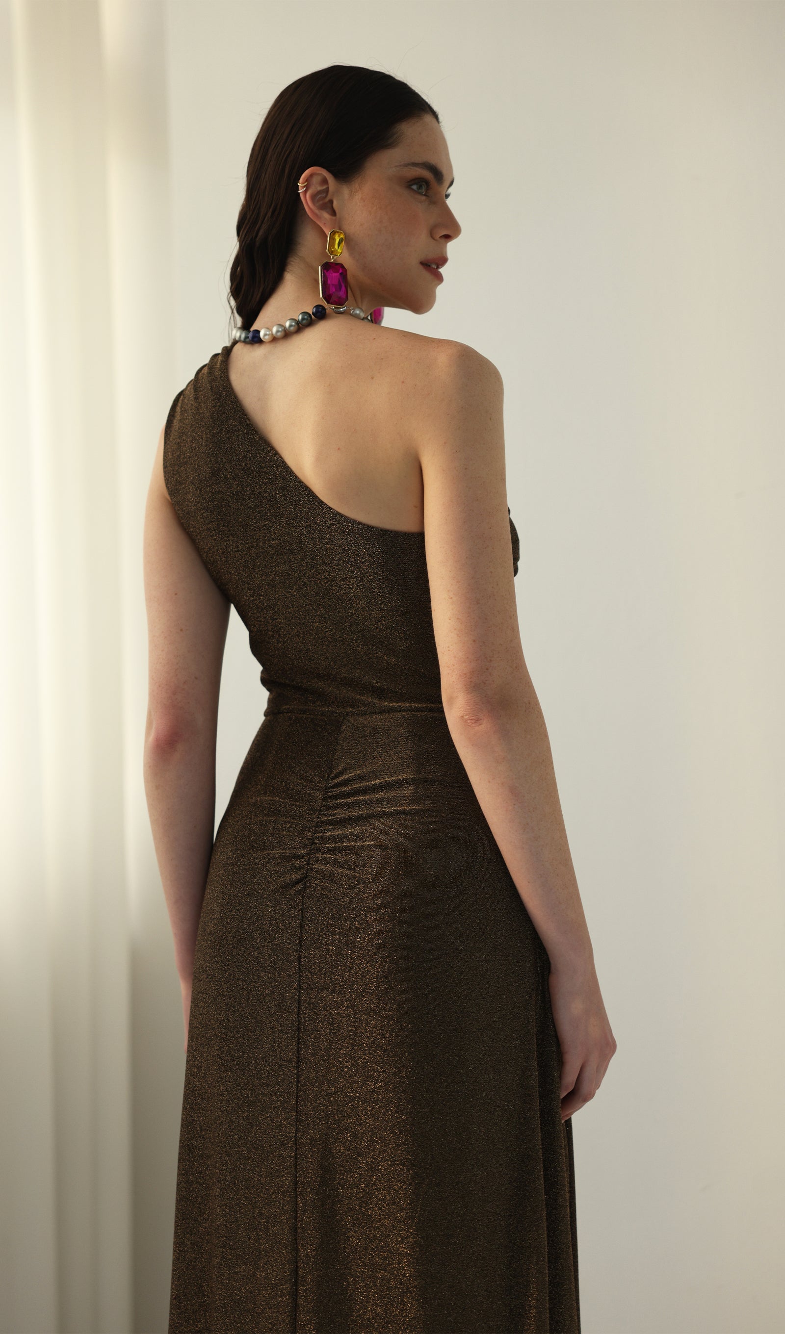 One-Shoulder Glitter Split Maxi Dress