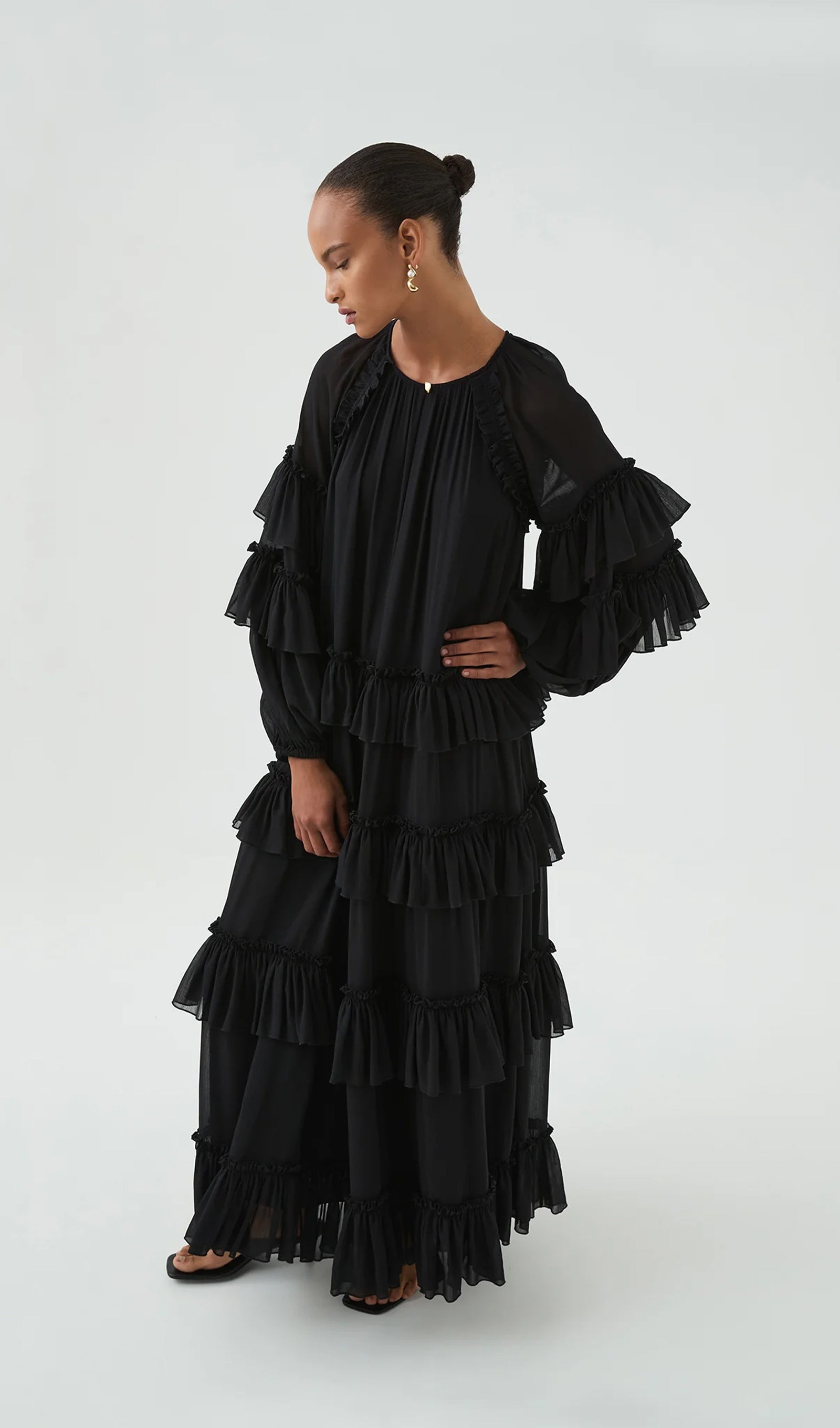 Midikleid in A-Linie mit Blumenmuster und Laternenärmeln