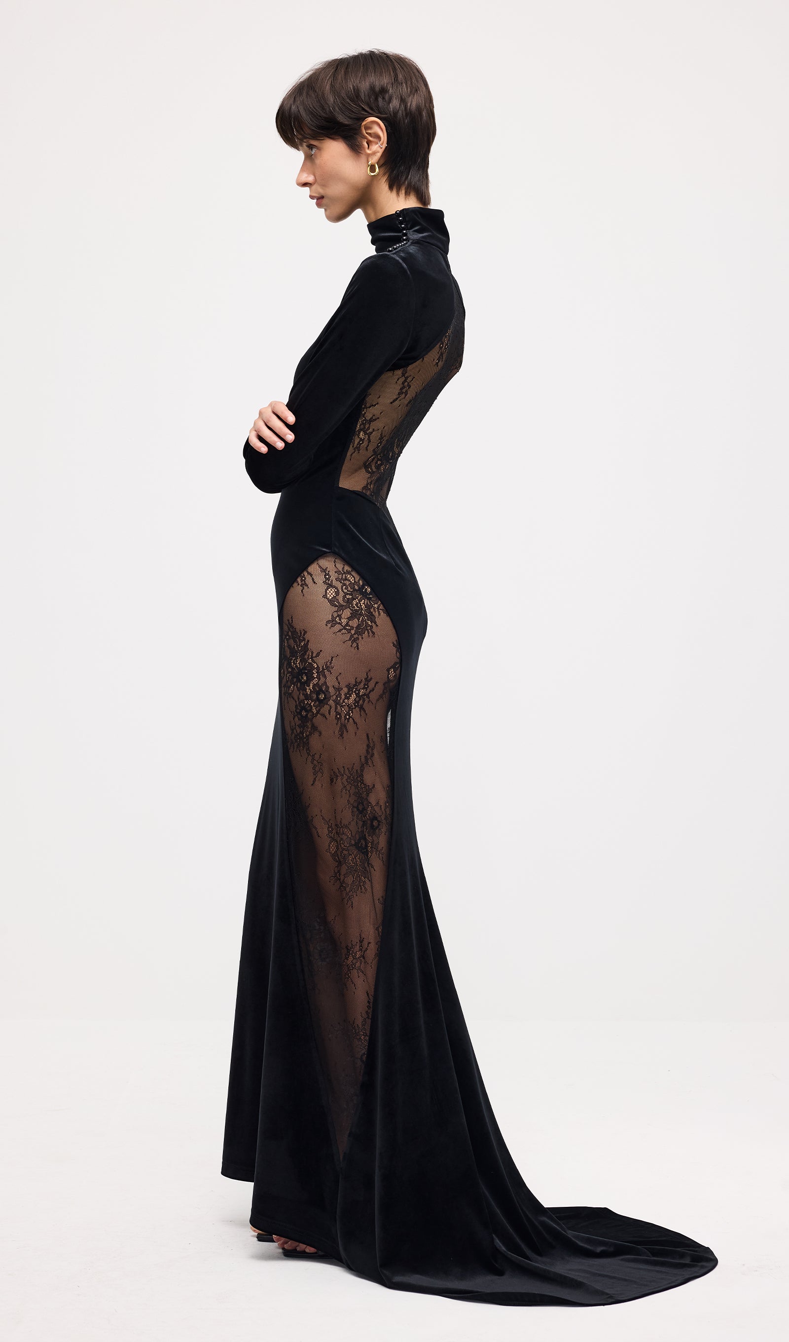 Semi-Sheer Lace Velvet Maxi Dress