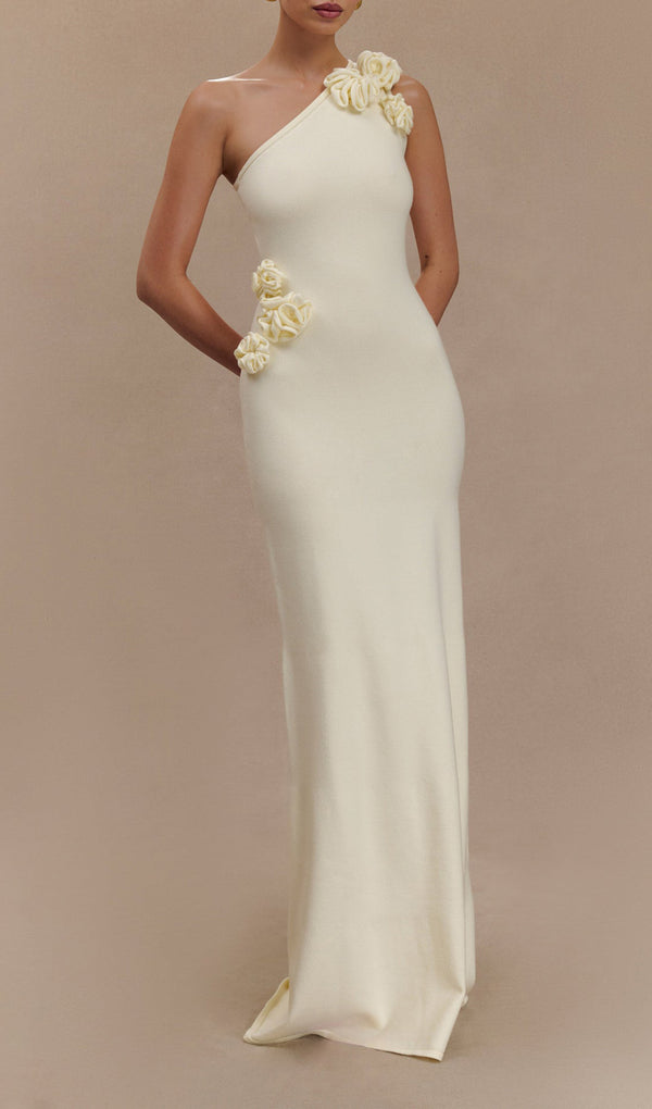 One Shoulder Flower Knit Maxi Dress - Ivory