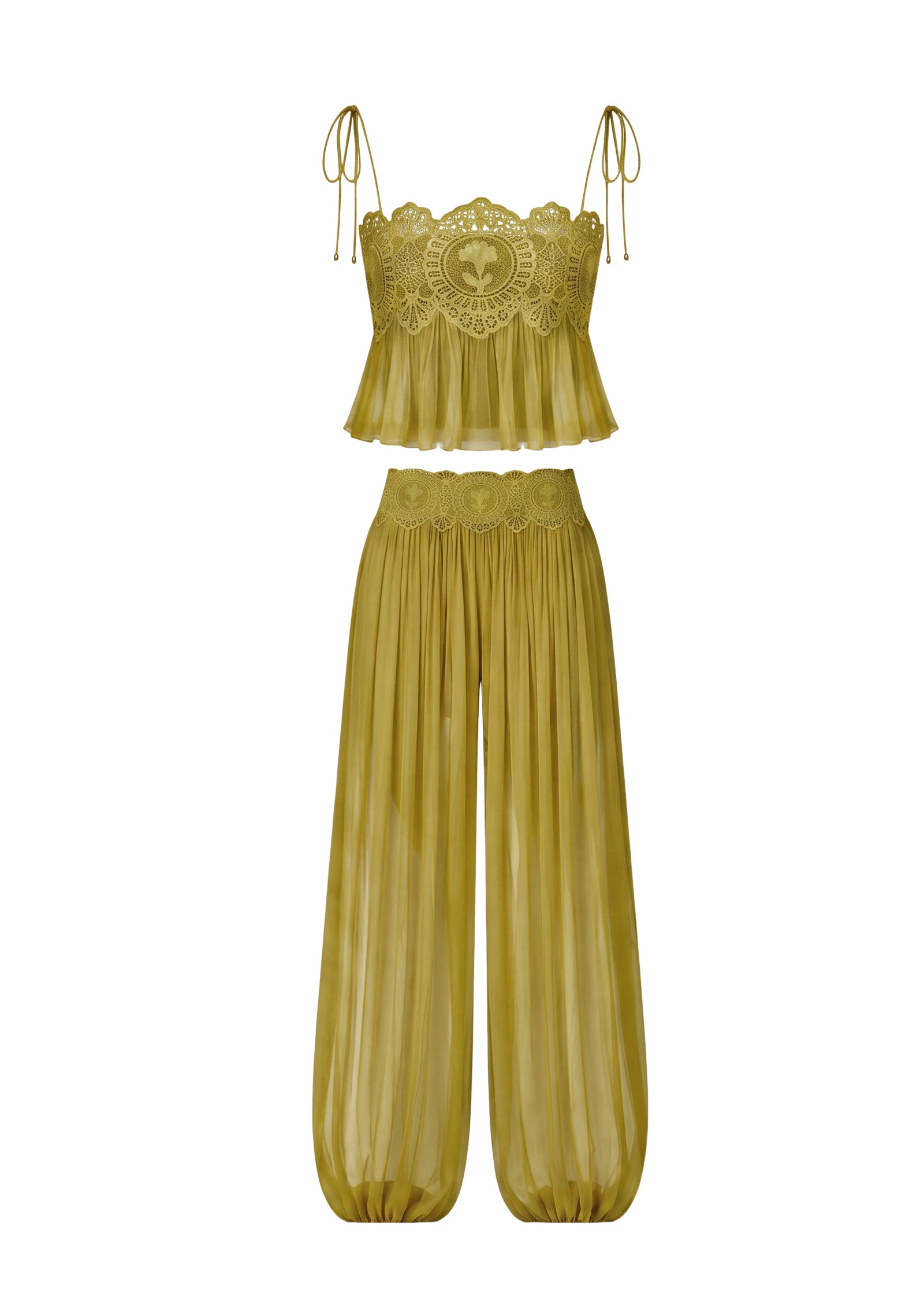 Luenie Chiffon Top & Pant Two Piece Set In Mustard Green