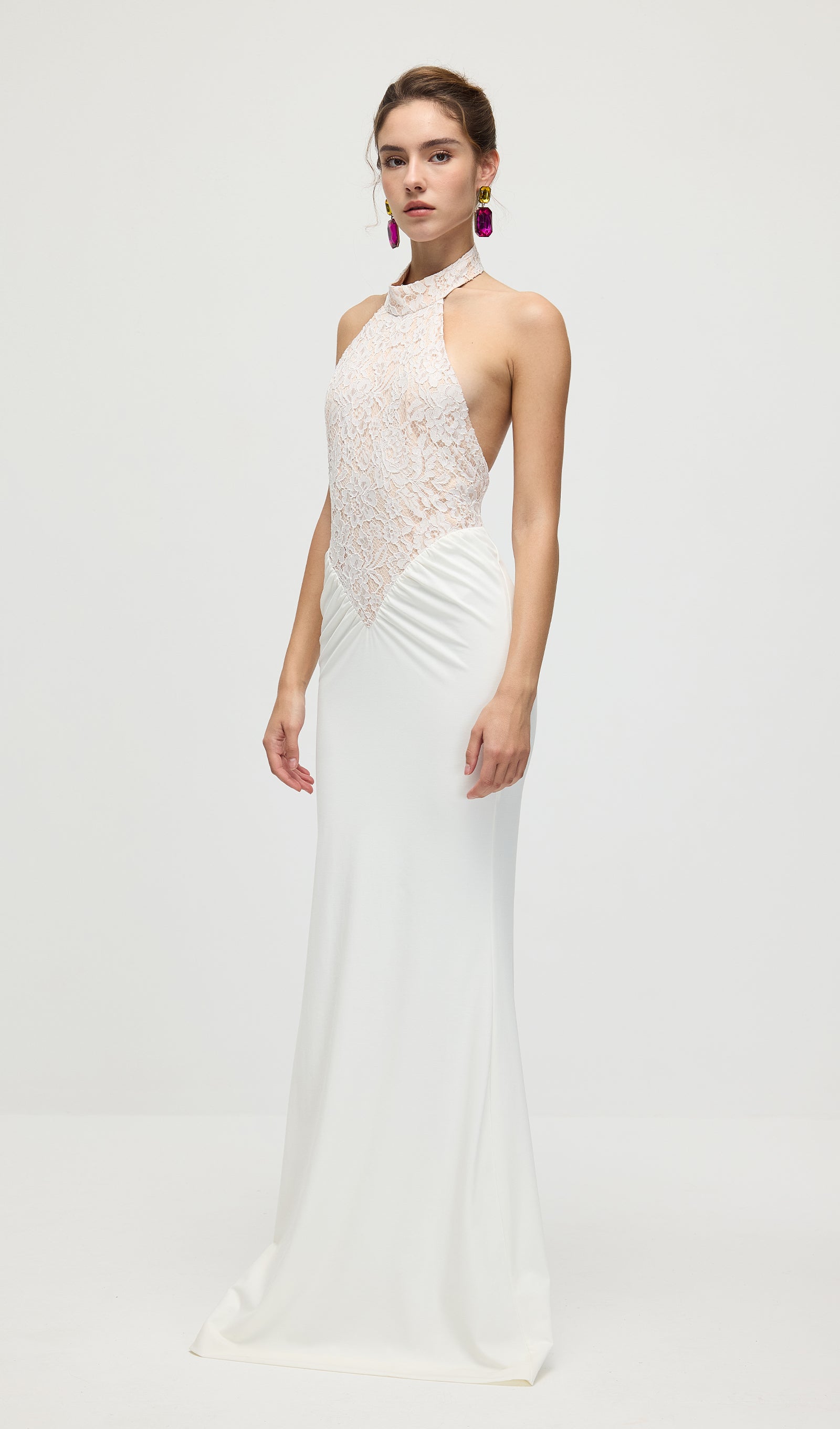 Gathered Lace Jersey Halterneck Dress