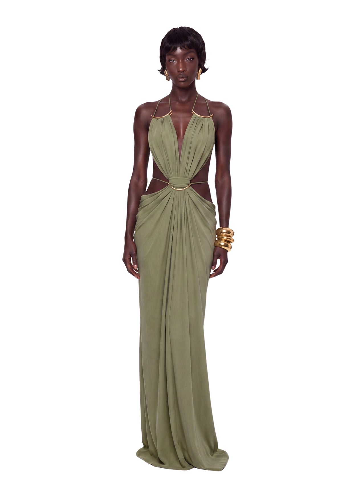 Kaelem Open Back Stretch Maxi Dress In Gray Green