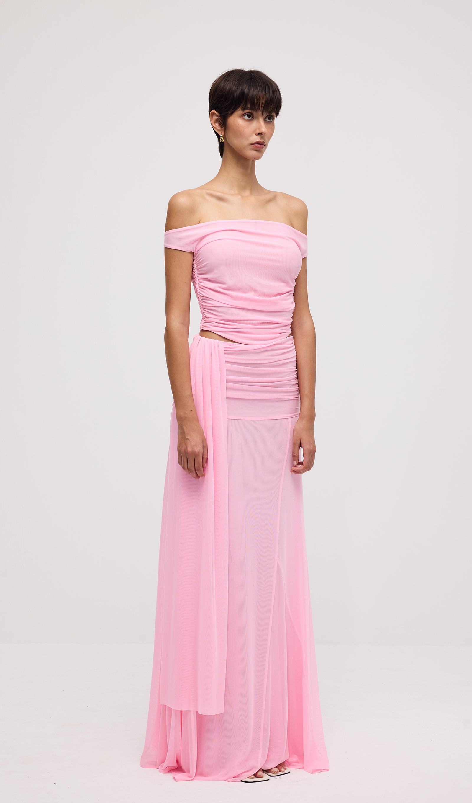 Mesh Top & Maxi Skirt In Pink