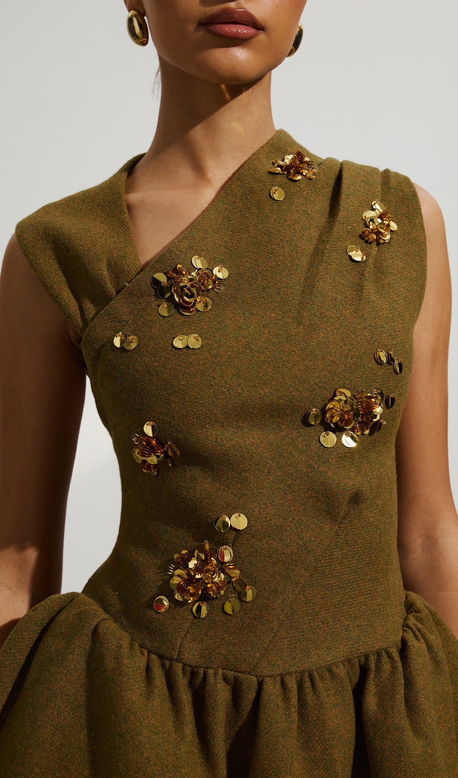 Asymmetrical Neck Embellished Mini Dress