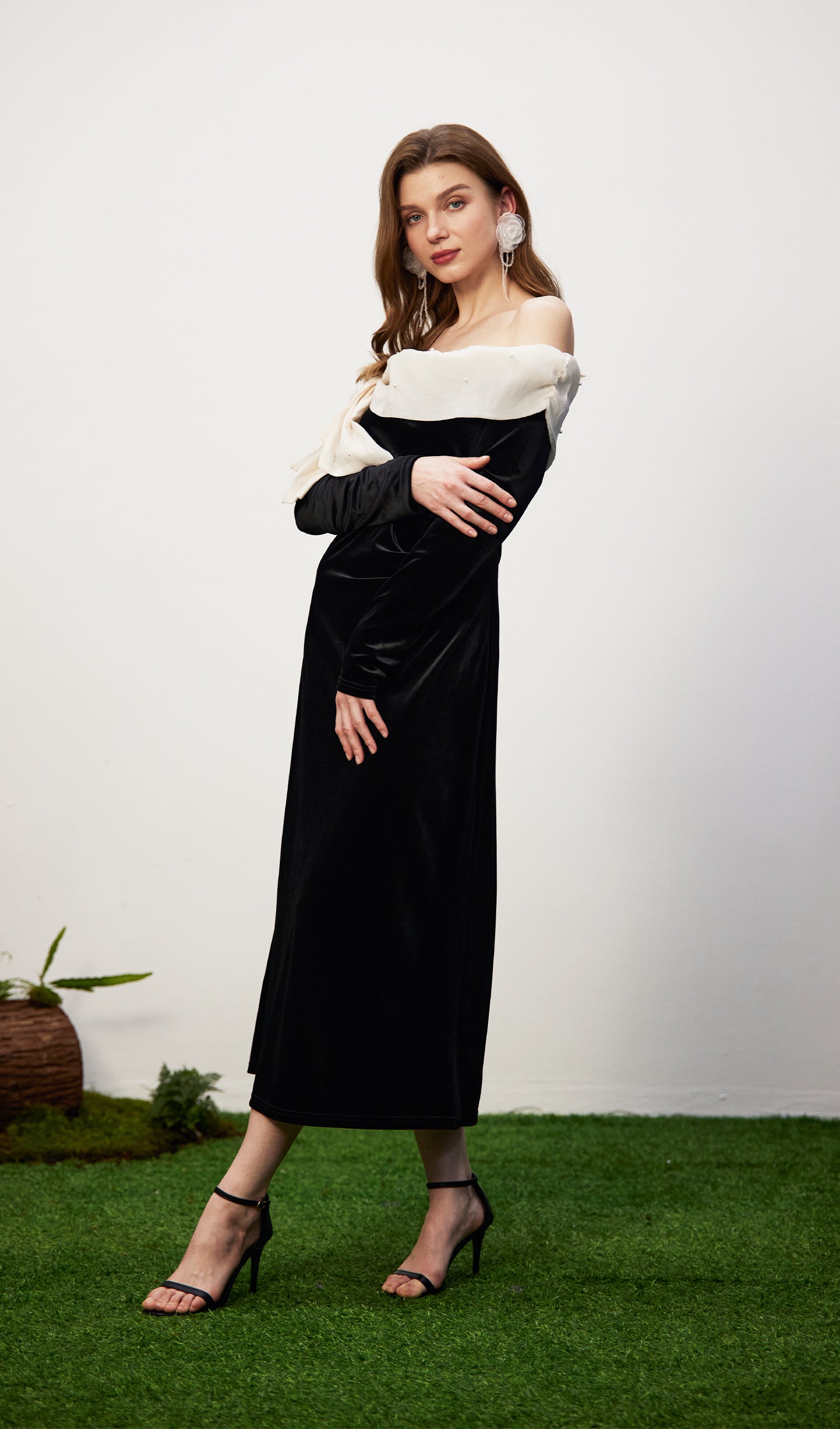 Off Shoulder Pearl Lace Up Maxi Dress