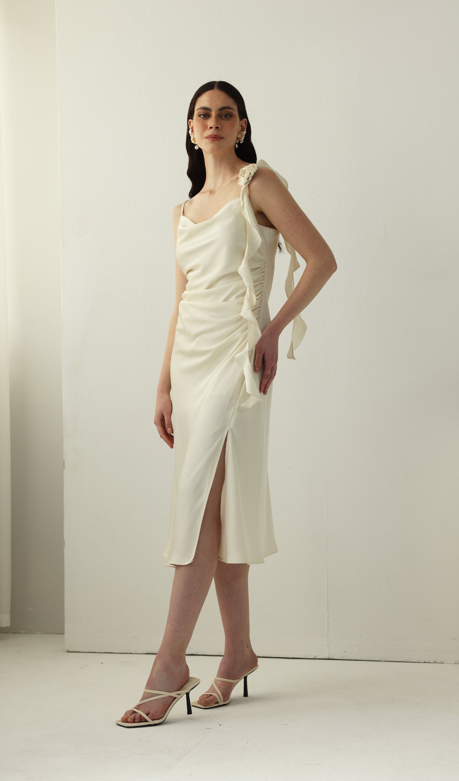 Satin Ruched Midi Slip Dress