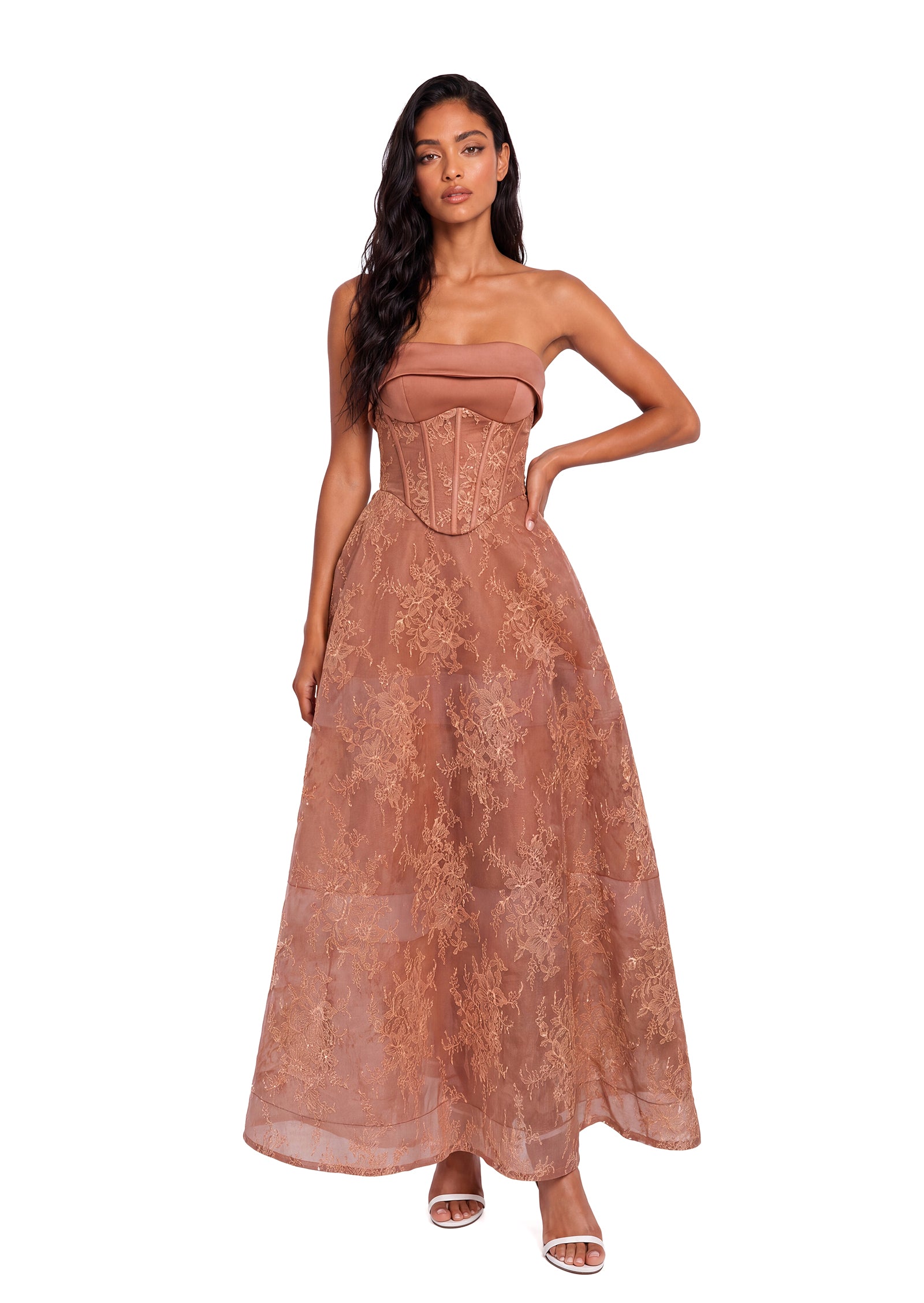 Xhosa V Neck Lace Midi Dress In Coffee
