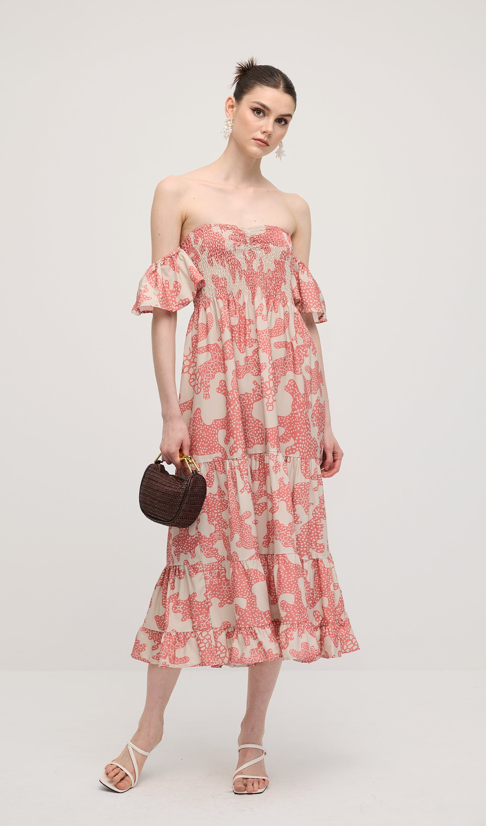 Off Shoulder Smocked Ruffle Printed Midi Dress