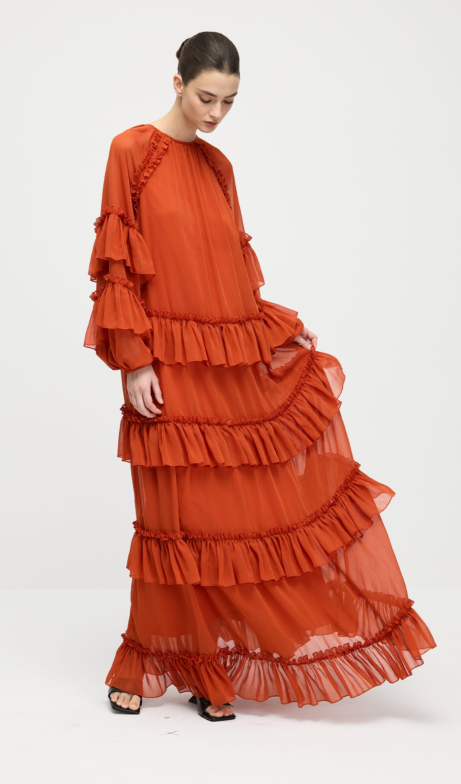 Midikleid in A-Linie mit Blumenmuster und Laternenärmeln