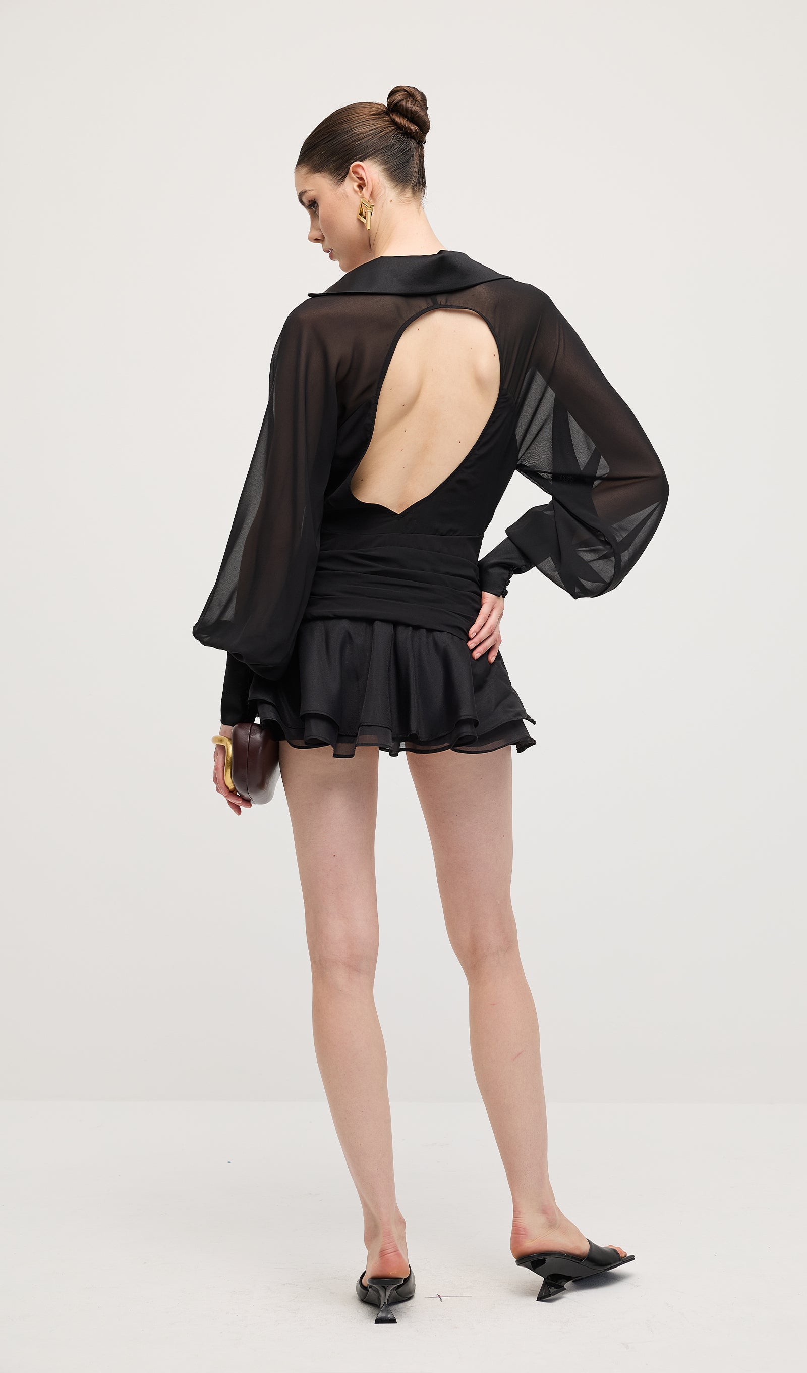 Solid Lantern Sleeve Mini Dress In Black