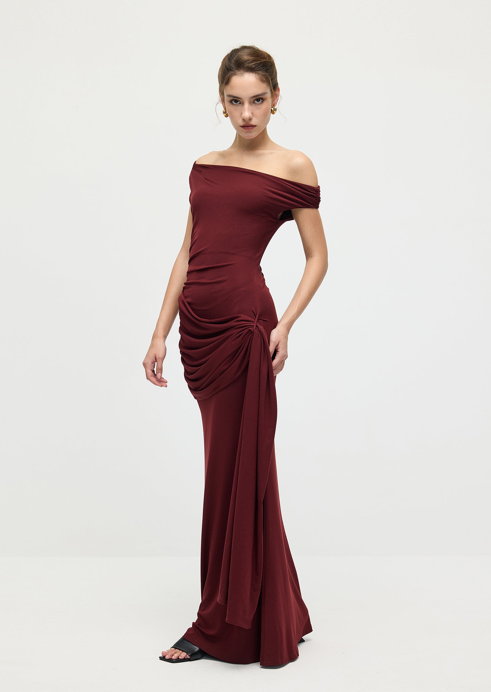 Solid Slinky Fishtail Maxi Dress In Mahogany