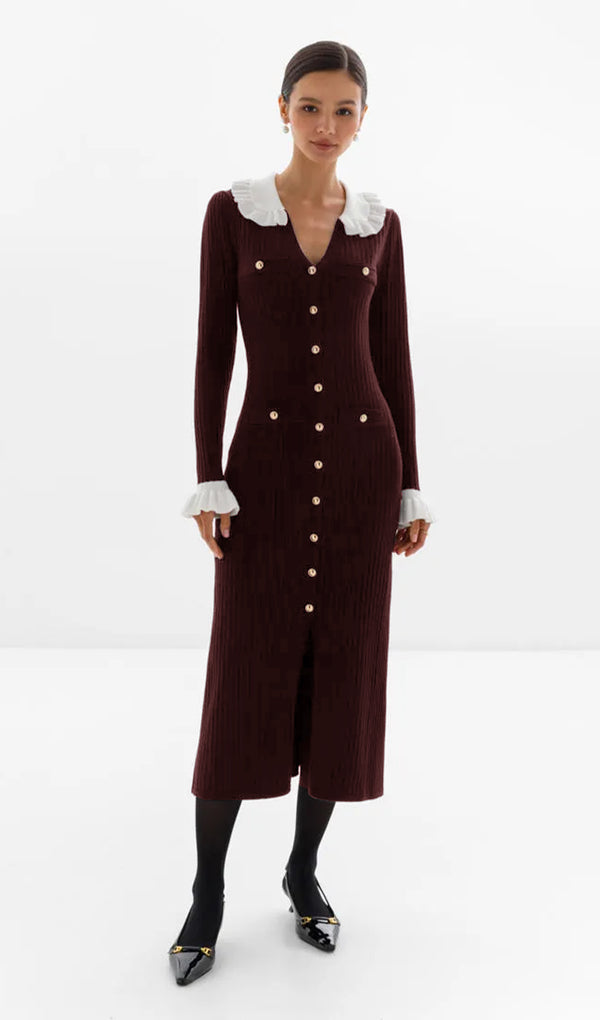 Jersey Ruffle Collar Midi Dress -Reddish Brown