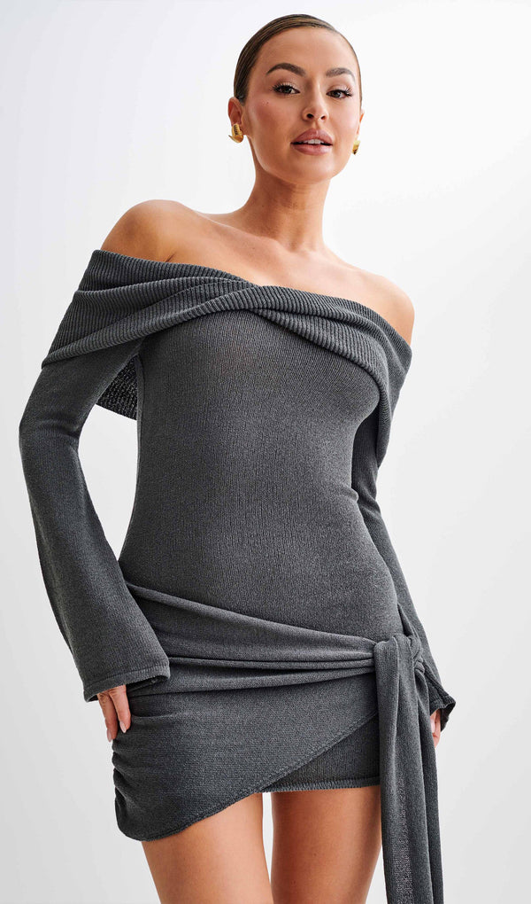 Off Shoulder Tie Knit Mini Dress