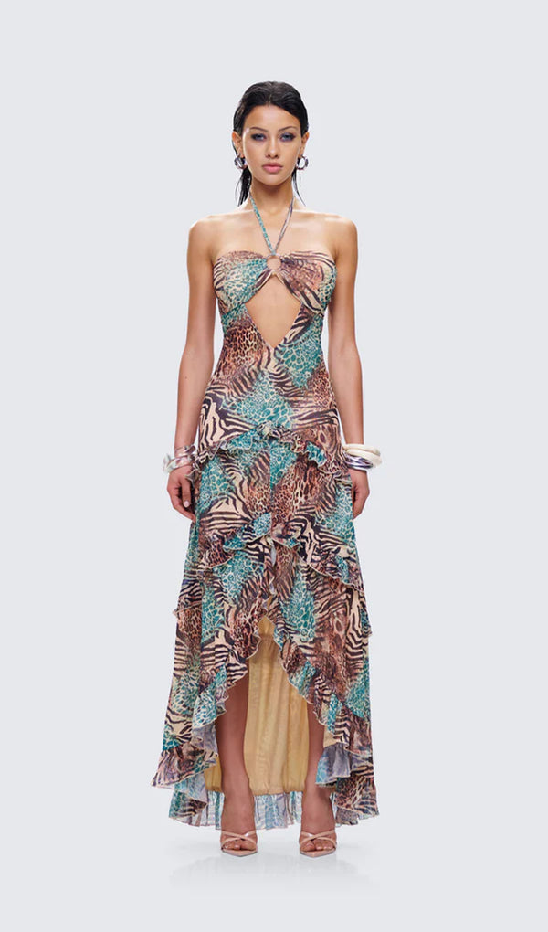 Floarl Animal Print Hollow Maxi Dress