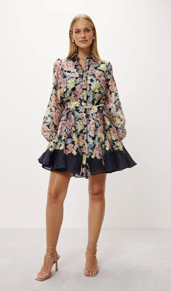 Long Sleeves Floral Button Down Mini Dress