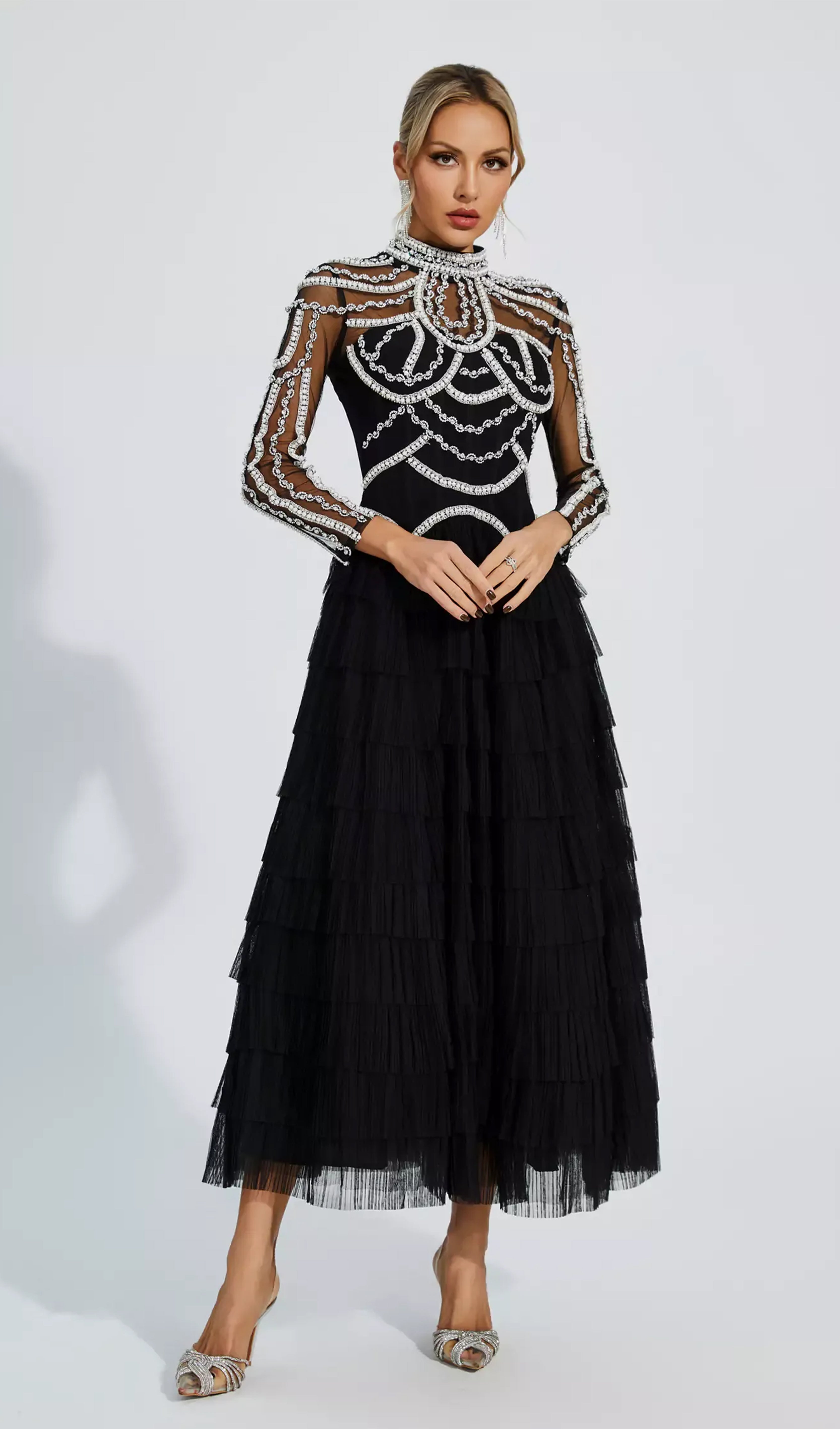 Long Sleeve Beads Pearls Mesh Maxi Layered Dress