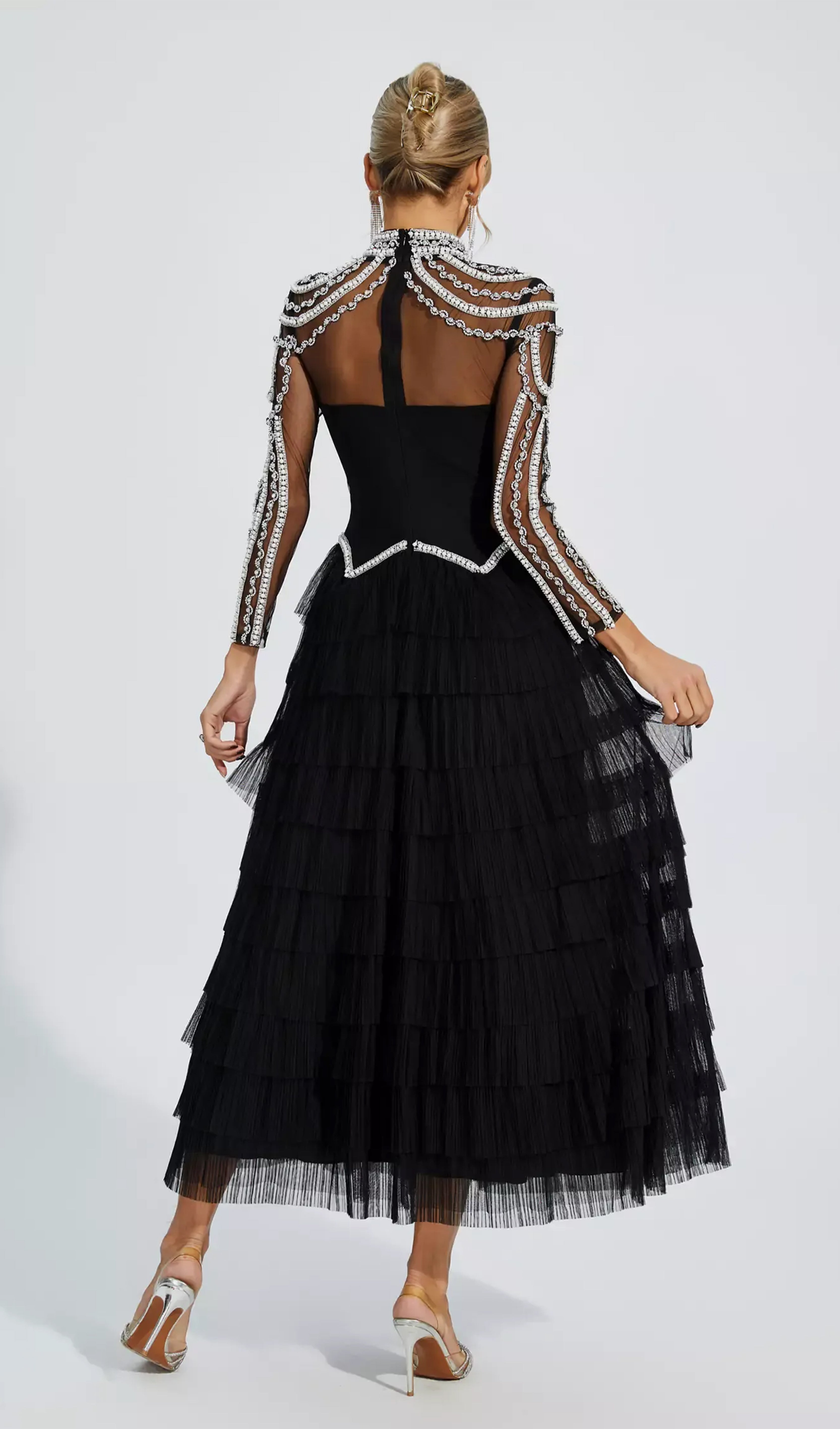 Long Sleeve Beads Pearls Mesh Maxi Layered Dress