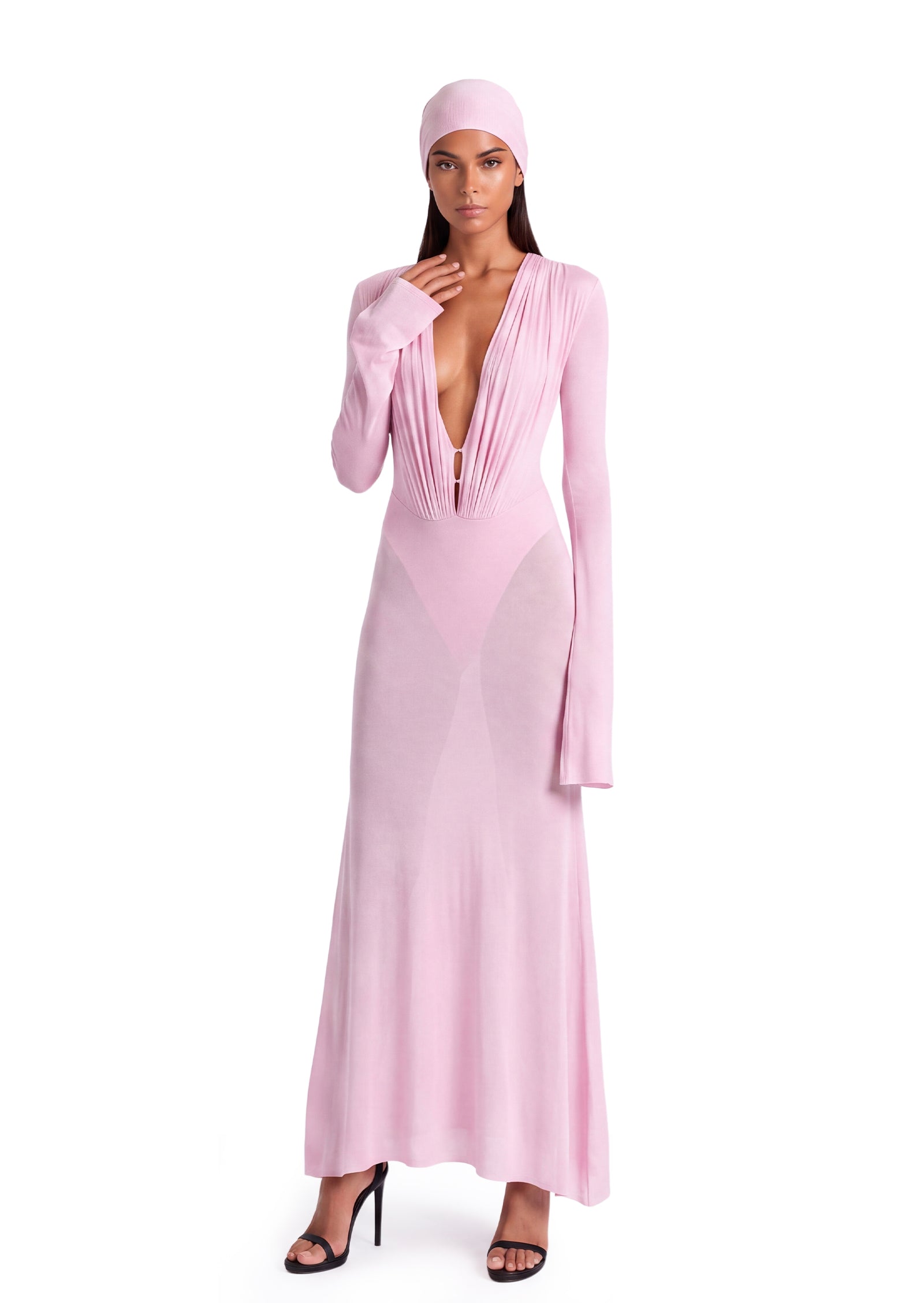 Kazi Long Sleeved Sheer Midi Dress In Pink