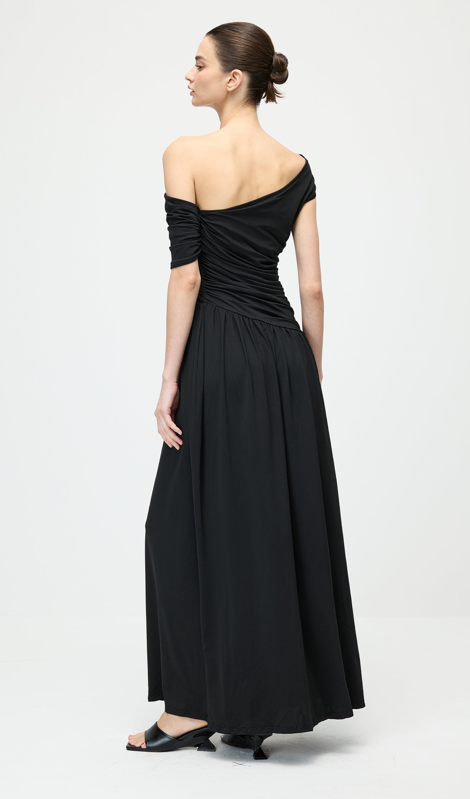 Black Off Shoulder Pleated Maxi Dress