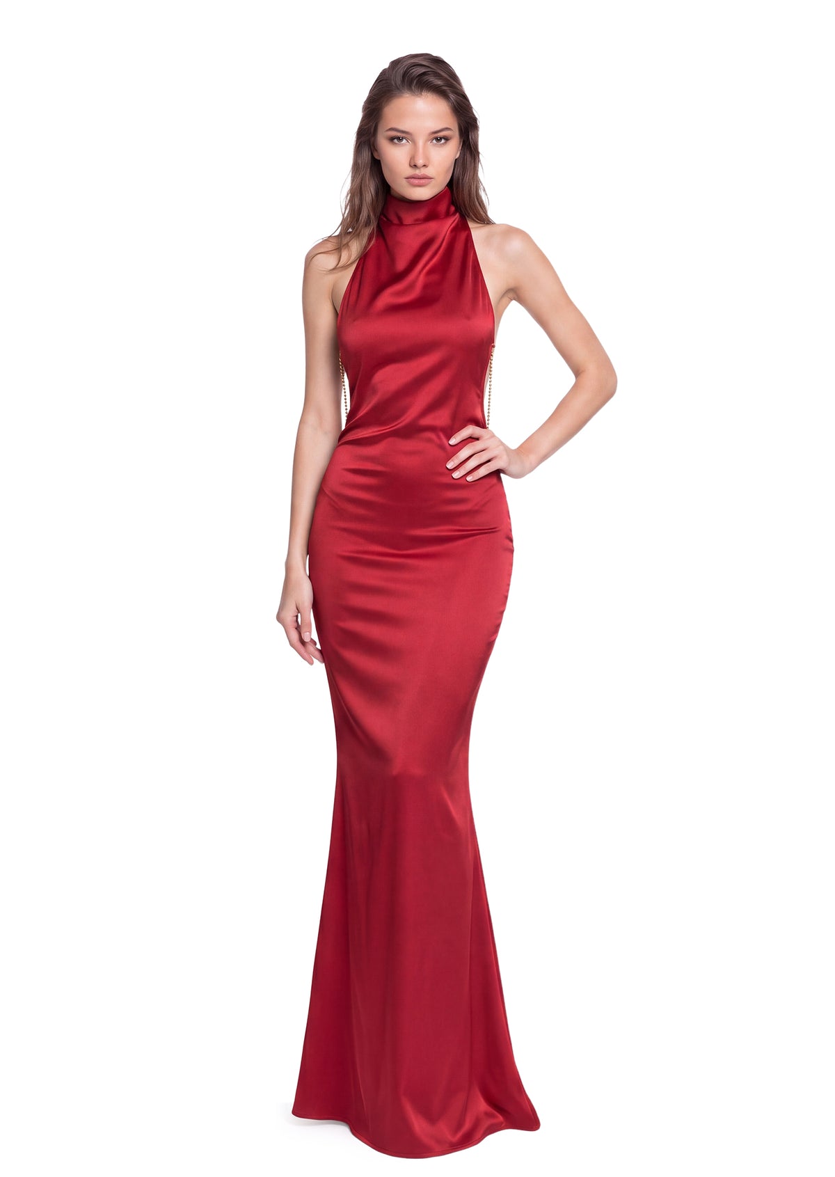 Badar Satin Halter Neck Maxi Dress In Red