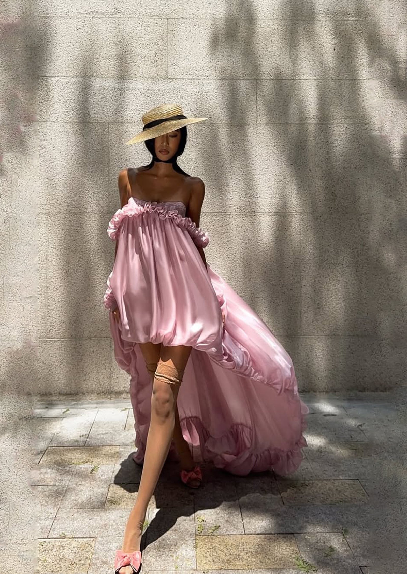 Glossy Bubble Hem Dress In Pink